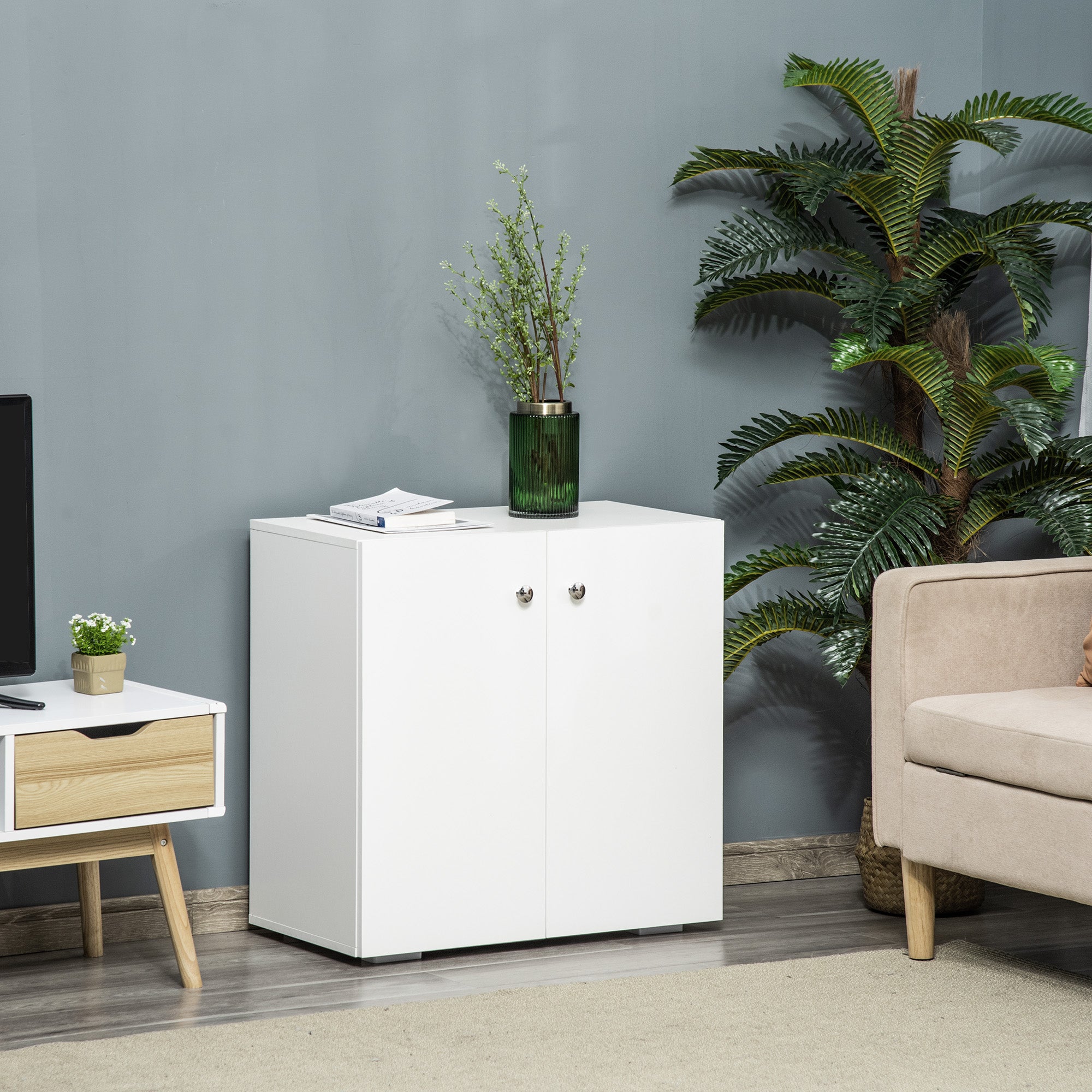 Living Room Sideboard with 2 Doors Auxiliary Cabinet with 2 Shelves for Books Clothes Toys Modern Style 70x39x70 cm White