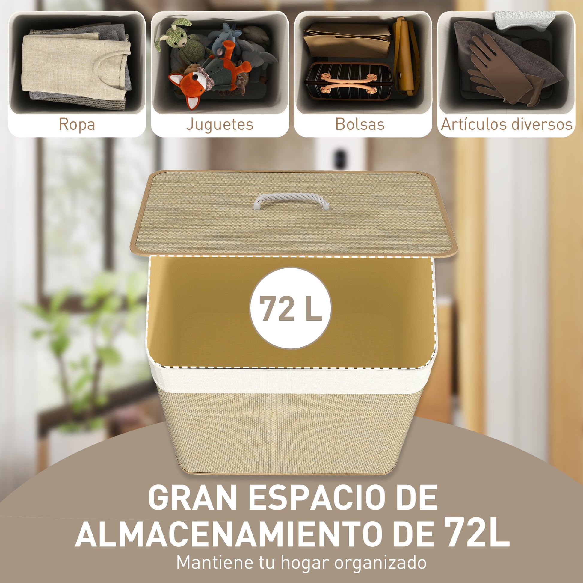 Laundry Basket with Lid 72L Bamboo Laundry Hamper with Removable Interior Bag and Handles for Laundry Room Bedroom 40x30x60 cm Natural