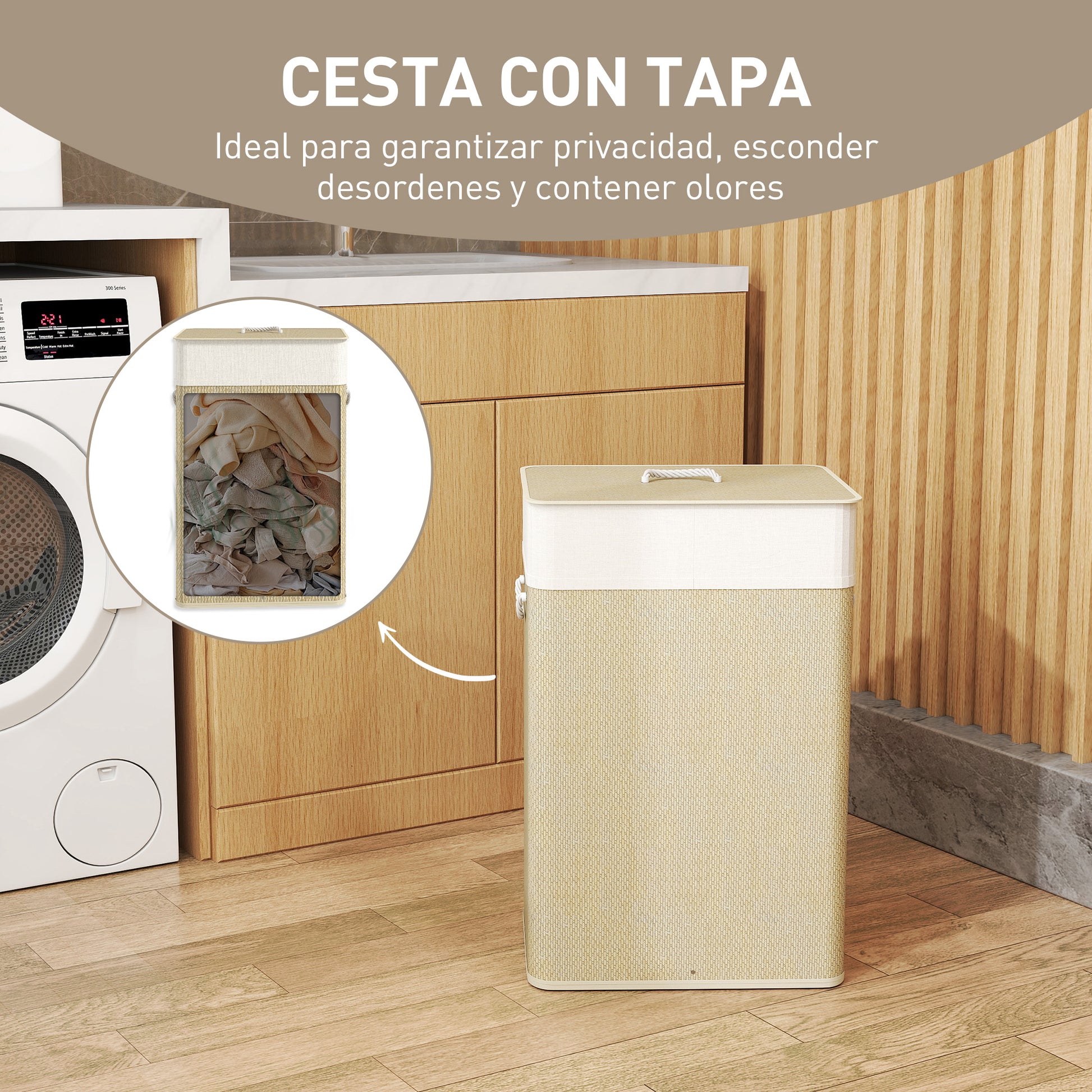 Laundry Basket with Lid 72L Bamboo Laundry Hamper with Removable Interior Bag and Handles for Laundry Room Bedroom 40x30x60 cm Natural