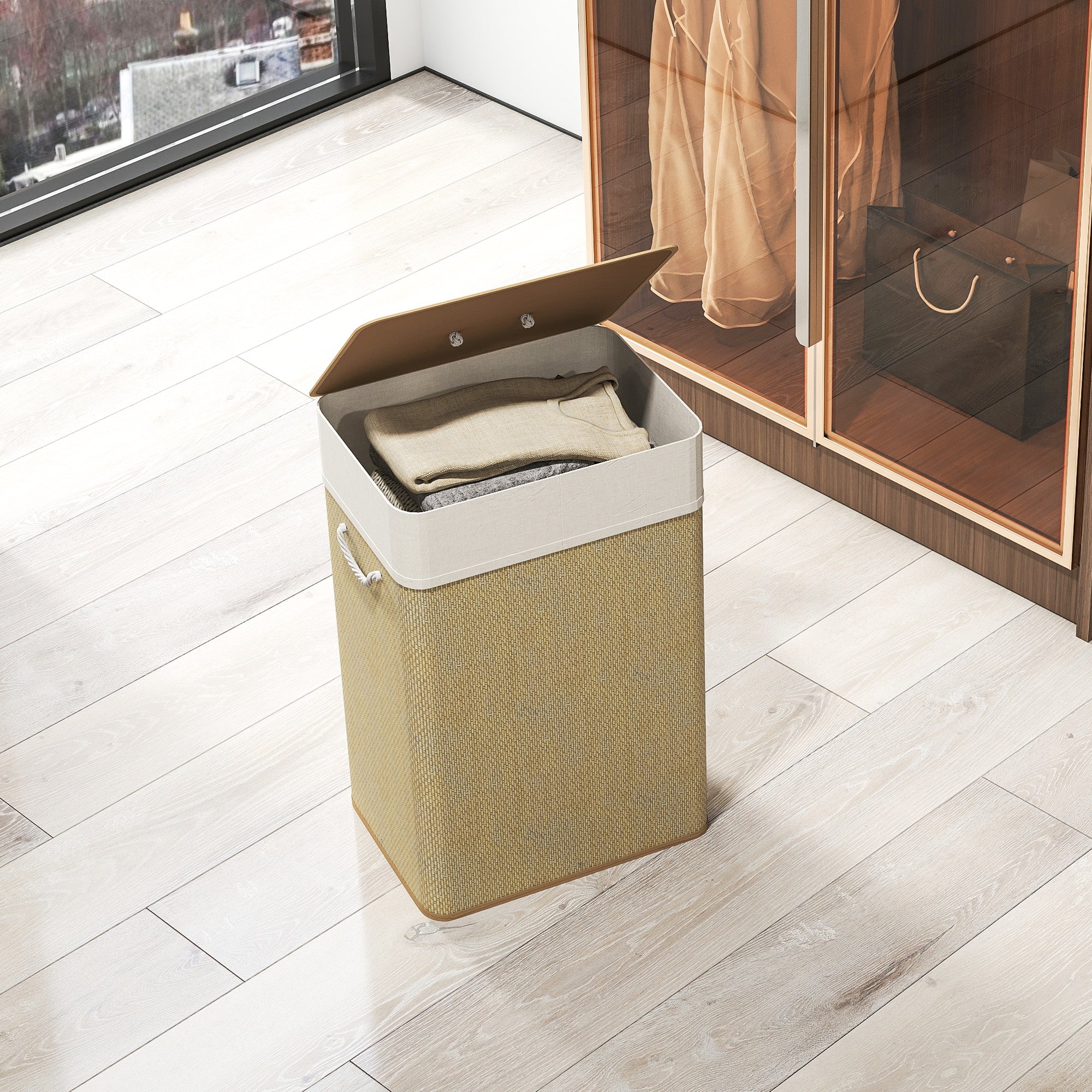 Laundry Basket with Lid 72L Bamboo Laundry Hamper with Removable Interior Bag and Handles for Laundry Room Bedroom 40x30x60 cm Natural