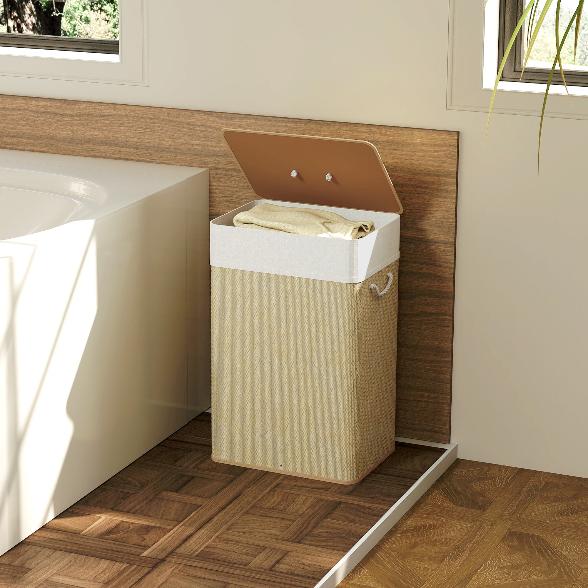 Laundry Basket with Lid 72L Bamboo Laundry Hamper with Removable Interior Bag and Handles for Laundry Room Bedroom 40x30x60 cm Natural