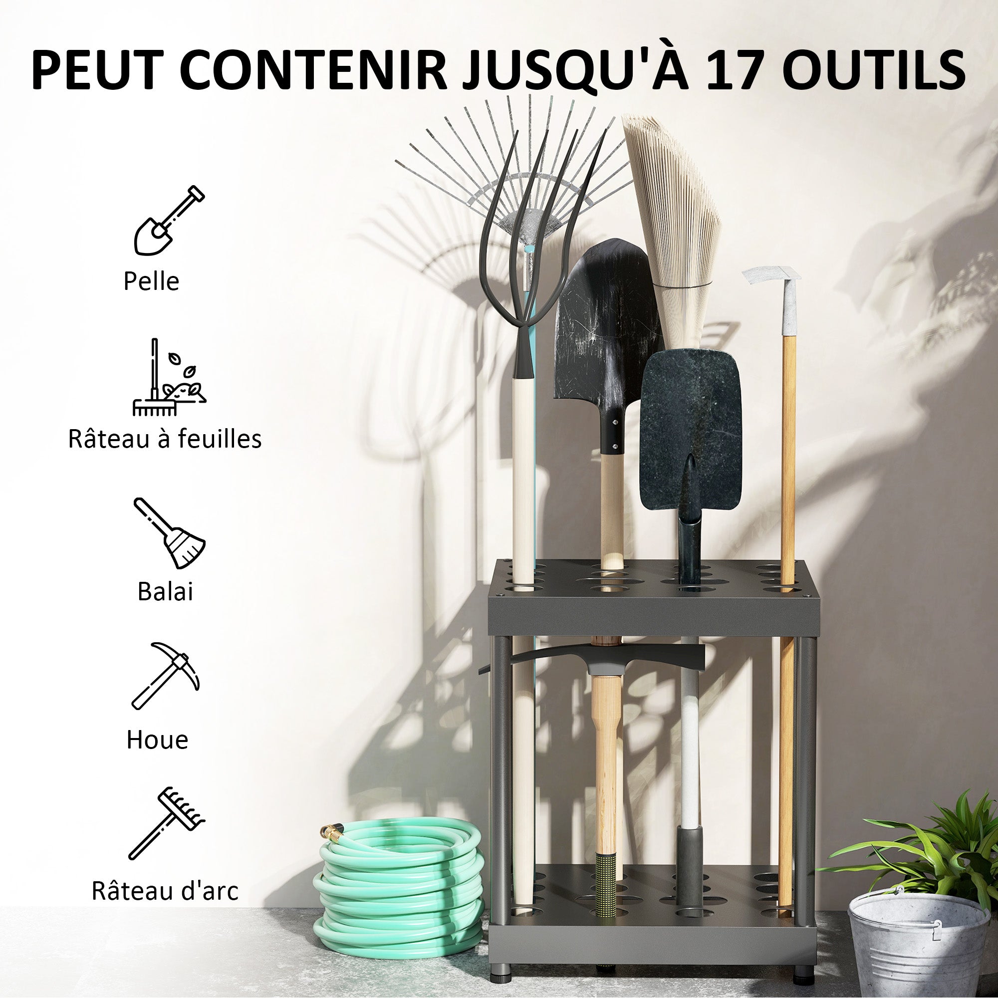 Garden Tool Organizer, 16-Compartment 2-Tier Garden Tool Holder with Adjustable Pads for Pruners, Shovels, Rakes, for Shed, Garage, Black