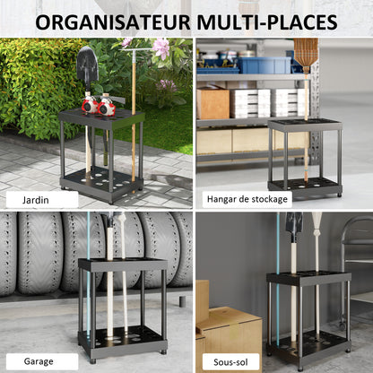 Garden Tool Organizer, 16-Compartment 2-Tier Garden Tool Holder with Adjustable Pads for Pruners, Shovels, Rakes, for Shed, Garage, Black