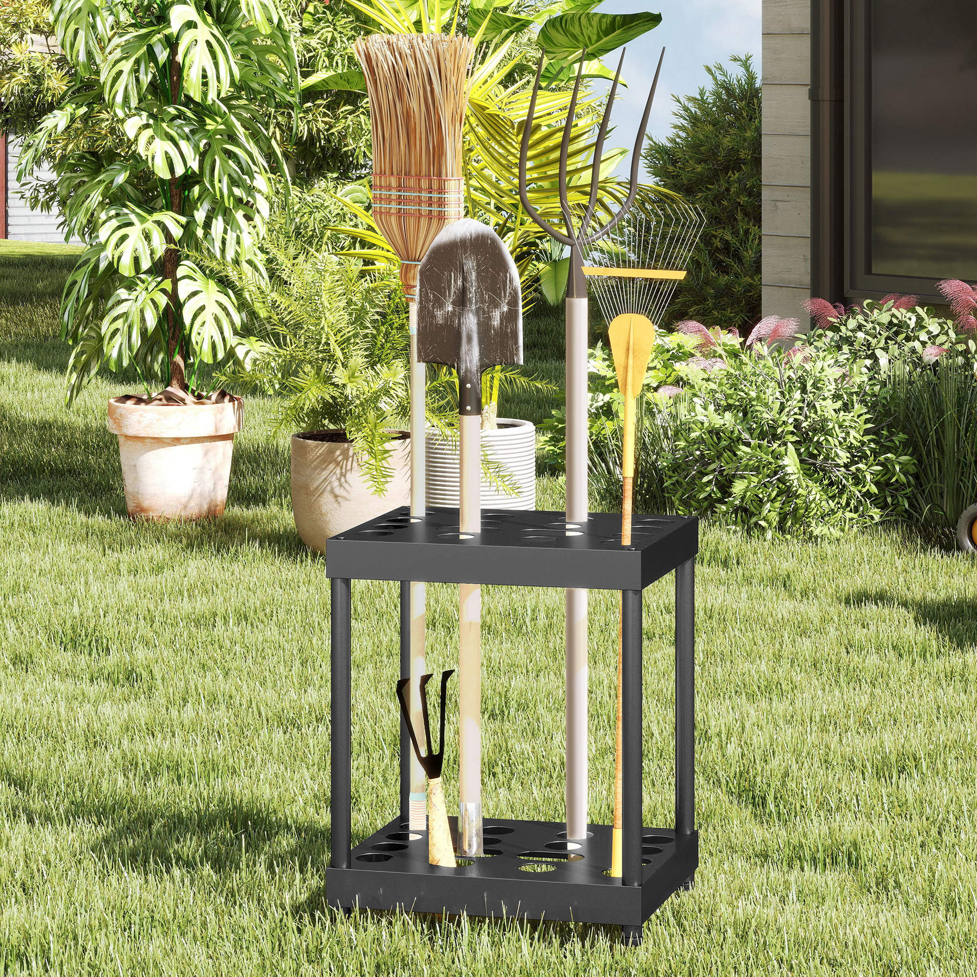 Garden Tool Organizer, 16-Compartment 2-Tier Garden Tool Holder with Adjustable Pads for Pruners, Shovels, Rakes, for Shed, Garage, Black