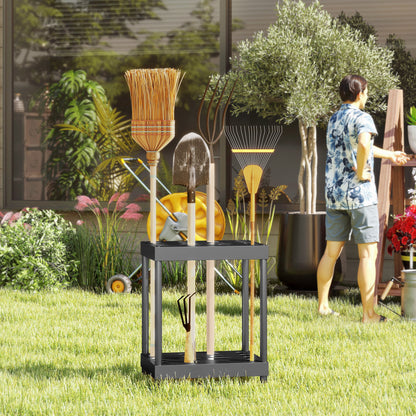 Garden Tool Organizer, 16-Compartment 2-Tier Garden Tool Holder with Adjustable Pads for Pruners, Shovels, Rakes, for Shed, Garage, Black