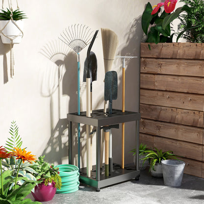 Garden Tool Organizer, 16-Compartment 2-Tier Garden Tool Holder with Adjustable Pads for Pruners, Shovels, Rakes, for Shed, Garage, Black