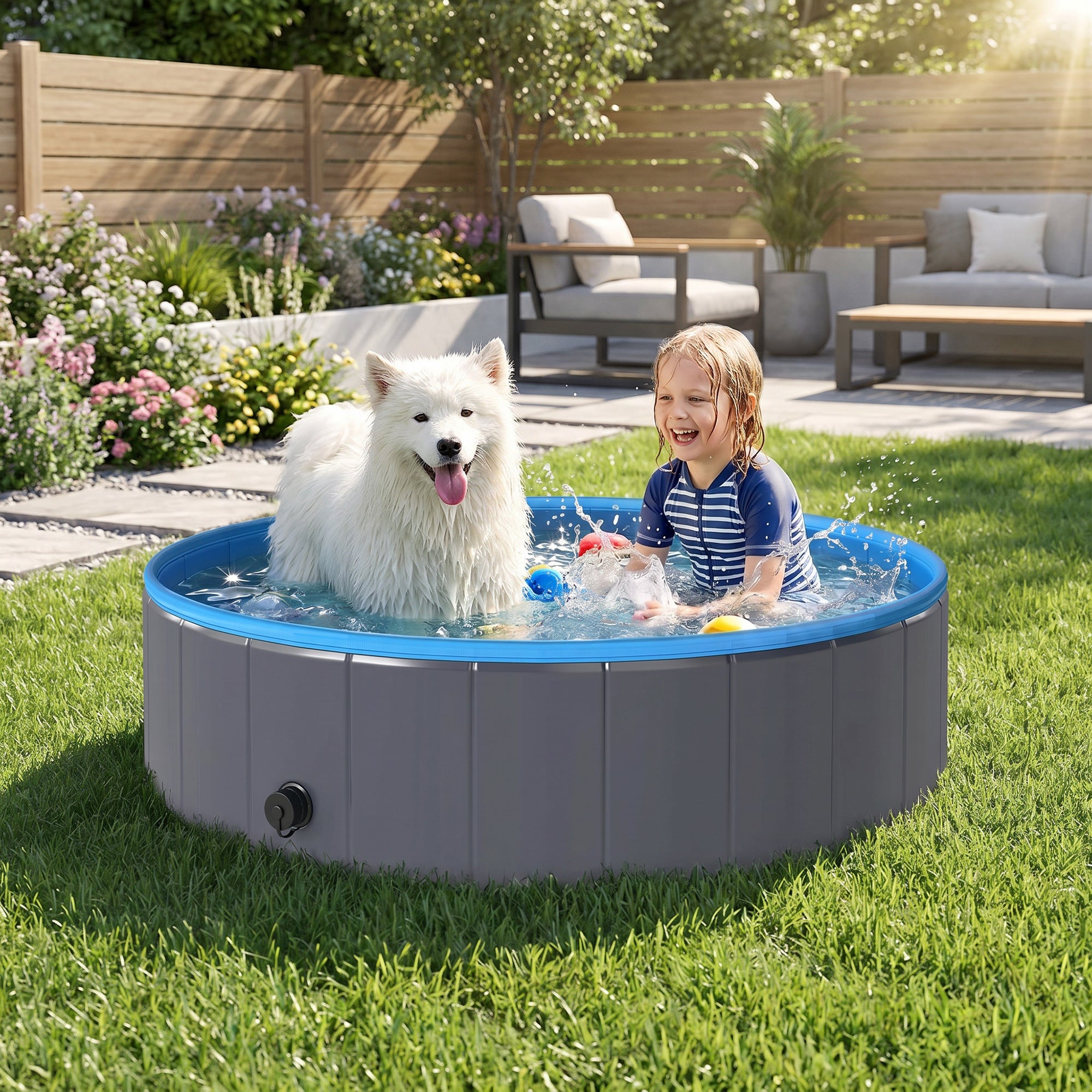 Foldable Dog Pool for Medium & Large Dogs – 120 x 30 cm (47 x 12 in), Non-Slip Indoor/Outdoor Paddling Pool, Dark Gray