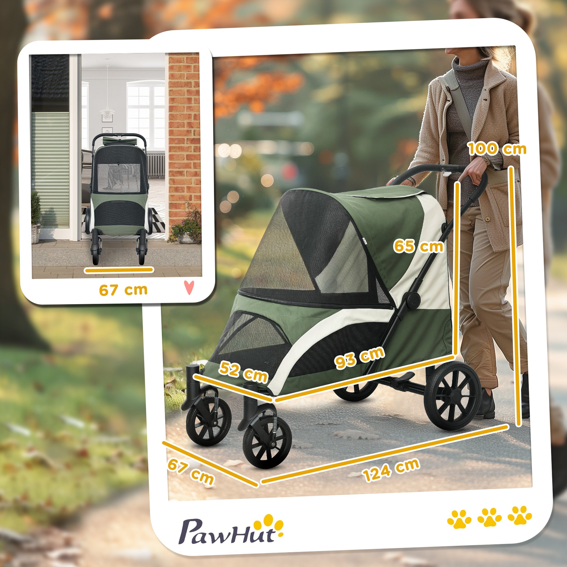 Dog Stroller Foldable Pet Stroller for Large Dogs & Cats Up to 30 kg Cat Stroller with Cushion Mesh Windows Doors Storage Bag Cat Cart with Safety Leashes, Brakes, Stroller Dark Green