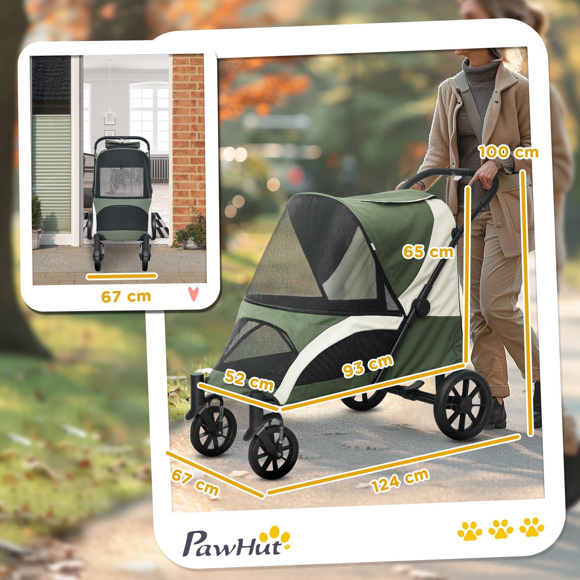 Dog Stroller Foldable Pet Stroller for Large Dogs & Cats Up to 30 kg Cat Stroller with Cushion Mesh Windows Doors Storage Bag Cat Cart with Safety Leashes, Brakes, Stroller Dark Green