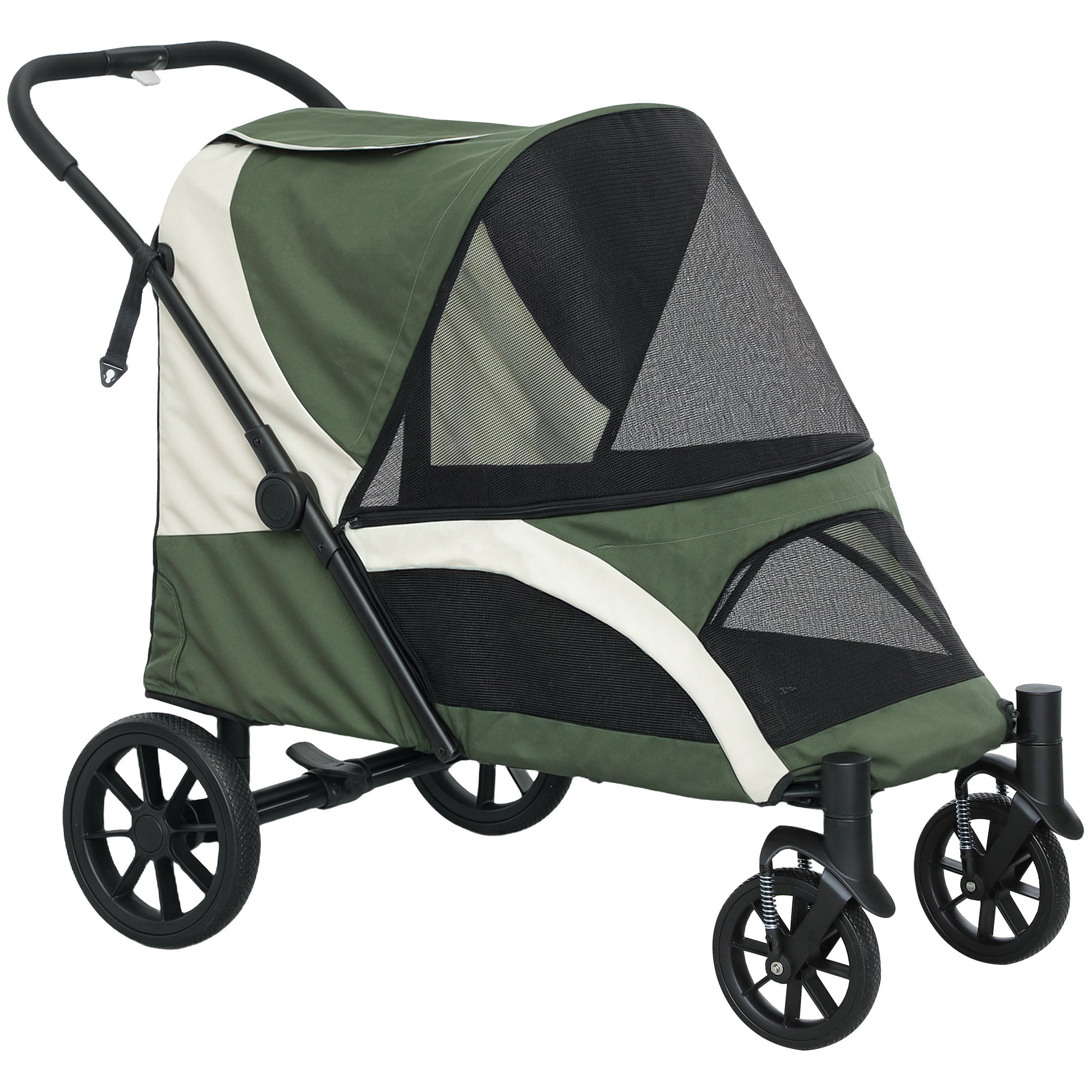 Dog Stroller Foldable Pet Stroller for Large Dogs & Cats Up to 30 kg Cat Stroller with Cushion Mesh Windows Doors Storage Bag Cat Cart with Safety Leashes, Brakes, Stroller Dark Green