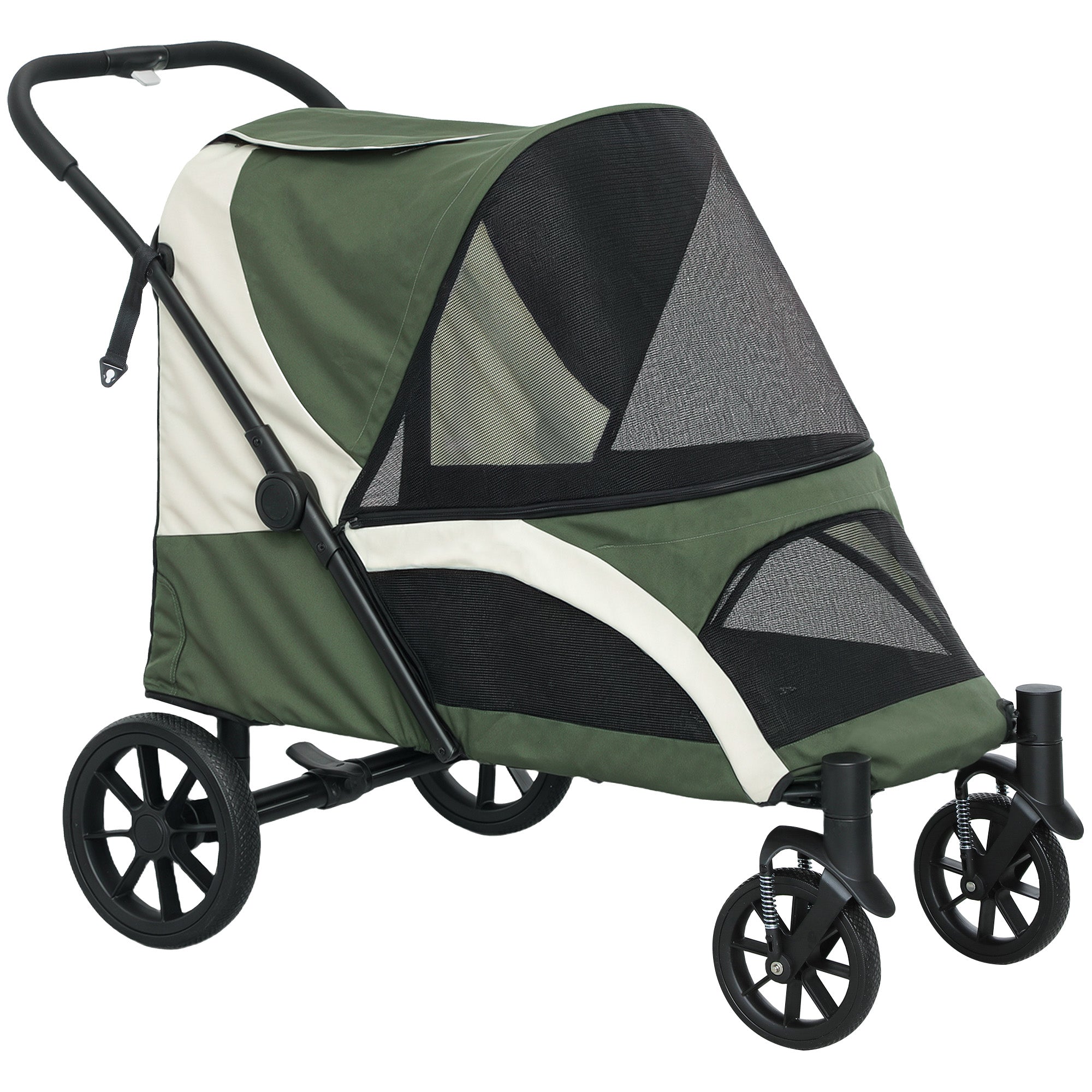Dog Stroller Foldable Pet Stroller for Large Dogs & Cats Up to 30 kg Cat Stroller with Cushion Mesh Windows Doors Storage Bag Cat Cart with Safety Leashes, Brakes, Stroller Dark Green