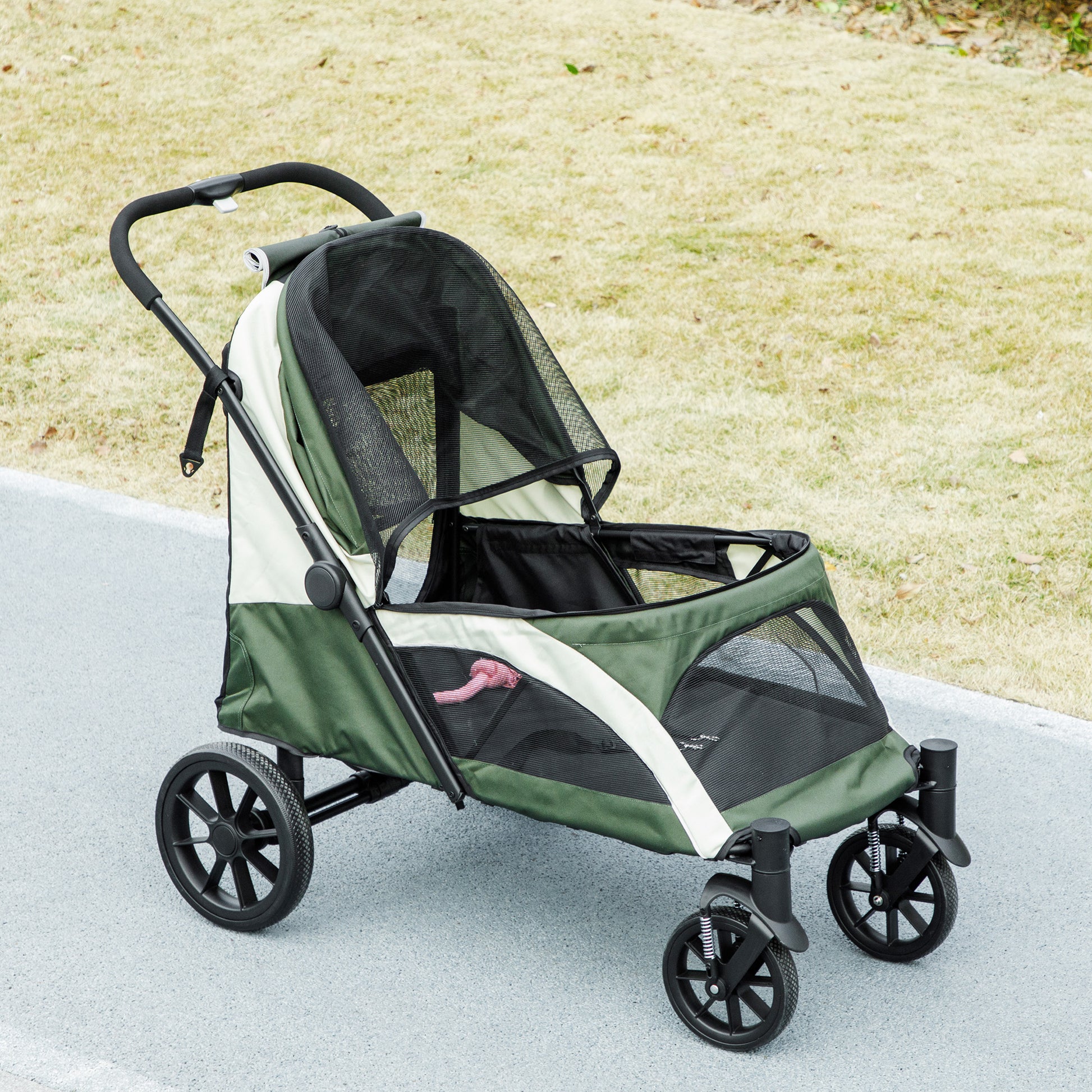 Dog Stroller Foldable Pet Stroller for Large Dogs & Cats Up to 30 kg Cat Stroller with Cushion Mesh Windows Doors Storage Bag Cat Cart with Safety Leashes, Brakes, Stroller Dark Green