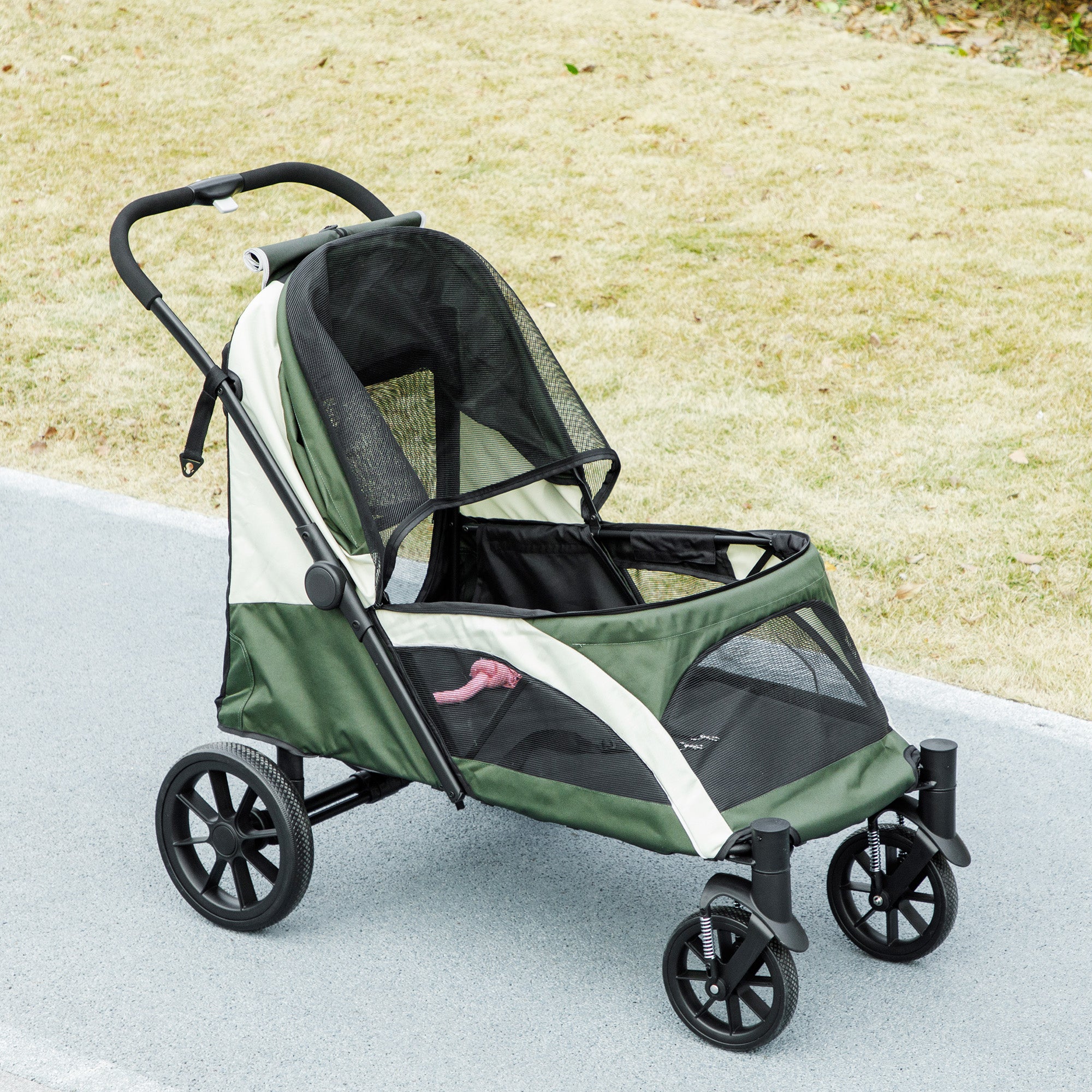 Dog Stroller Foldable Pet Stroller for Large Dogs & Cats Up to 30 kg Cat Stroller with Cushion Mesh Windows Doors Storage Bag Cat Cart with Safety Leashes, Brakes, Stroller Dark Green