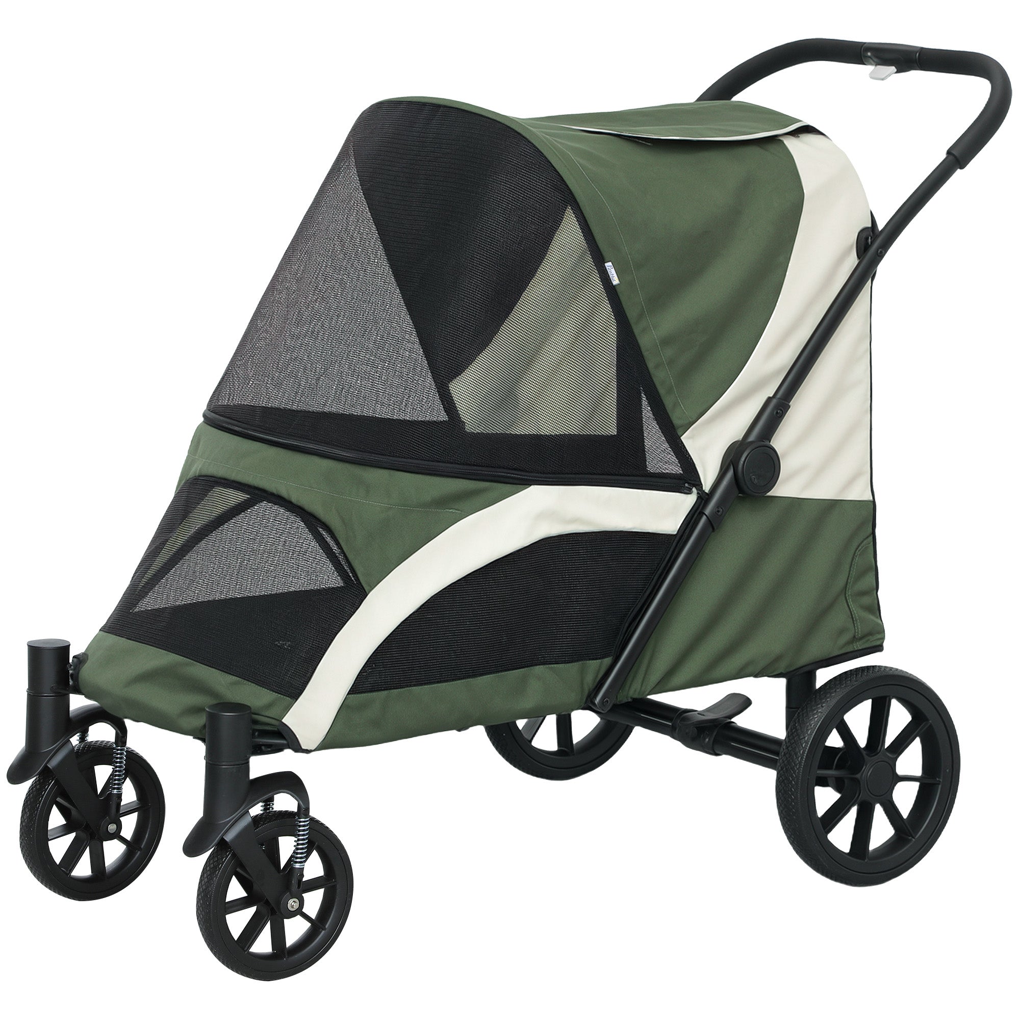 Dog Stroller Foldable Pet Stroller for Large Dogs & Cats Up to 30 kg Cat Stroller with Cushion Mesh Windows Doors Storage Bag Cat Cart with Safety Leashes, Brakes, Stroller Dark Green