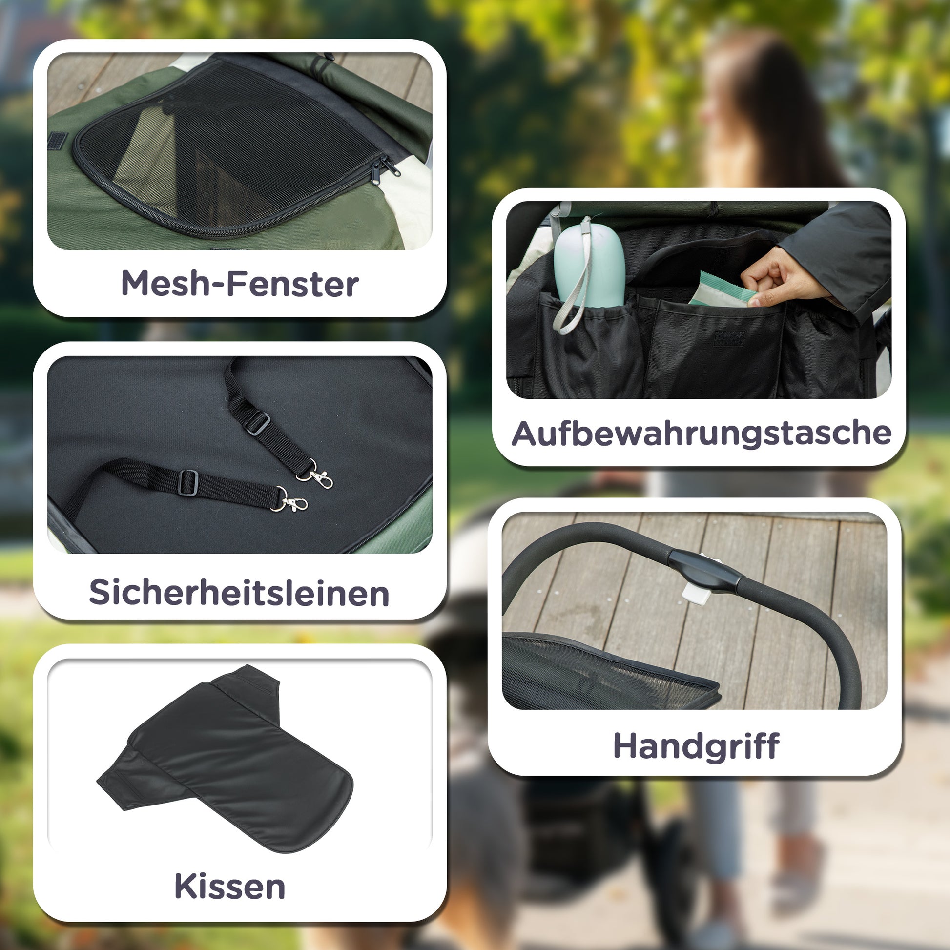 Dog Stroller Foldable Pet Stroller for Large Dogs & Cats Up to 30 kg Cat Stroller with Cushion Mesh Windows Doors Storage Bag Cat Cart with Safety Leashes, Brakes, Stroller Dark Green