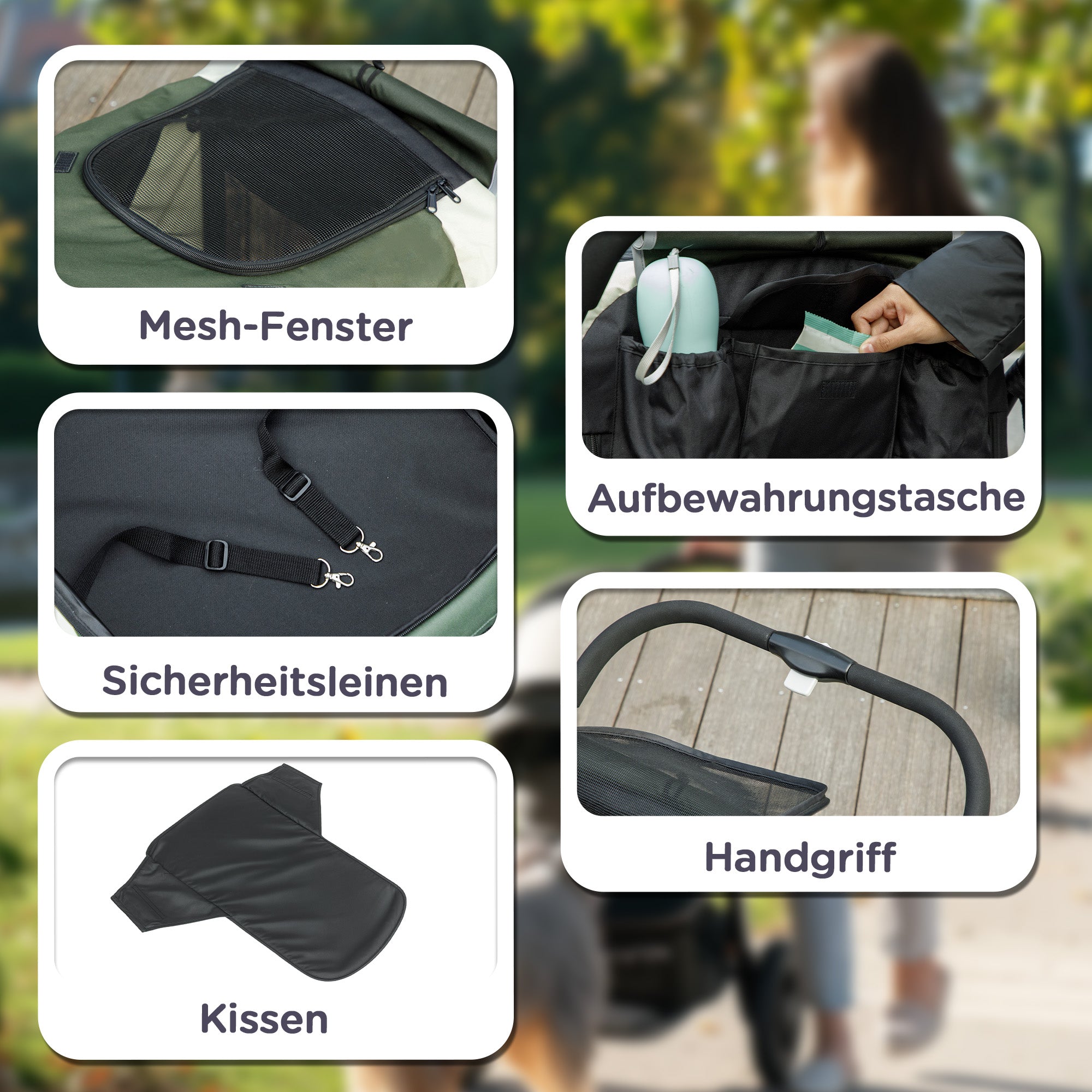 Dog Stroller Foldable Pet Stroller for Large Dogs & Cats Up to 30 kg Cat Stroller with Cushion Mesh Windows Doors Storage Bag Cat Cart with Safety Leashes, Brakes, Stroller Dark Green