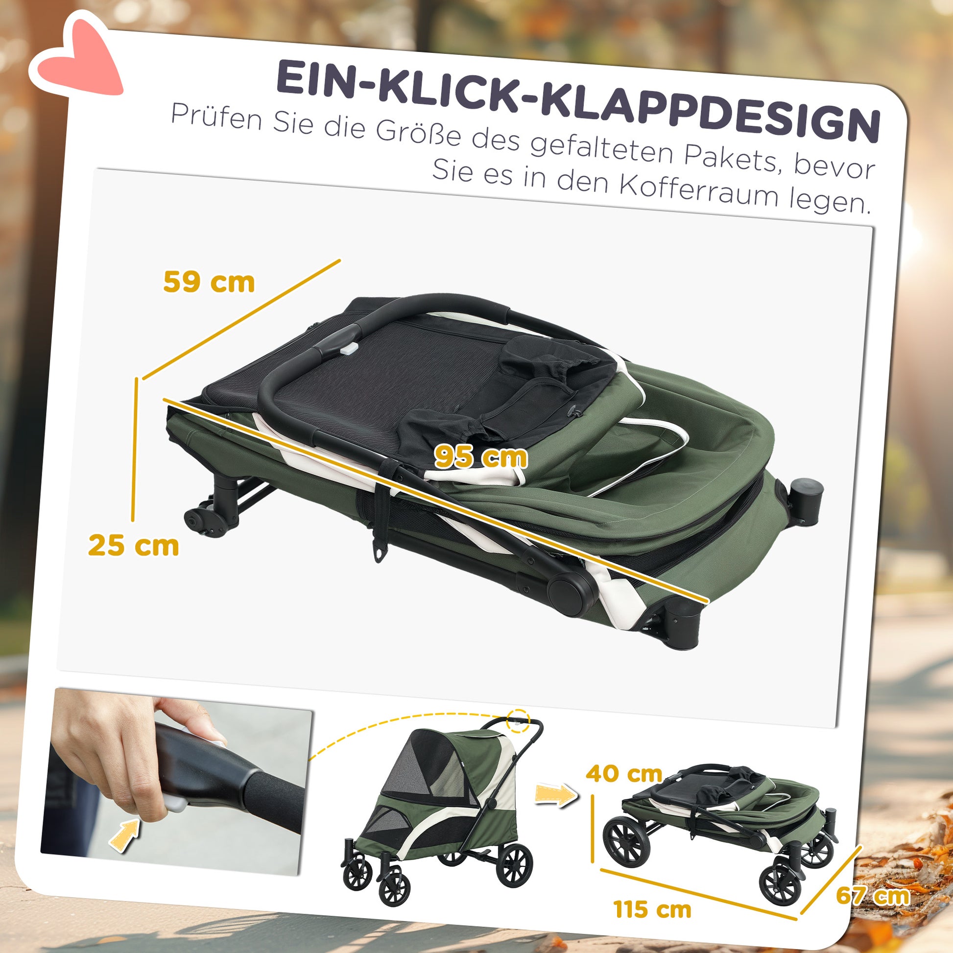 Dog Stroller Foldable Pet Stroller for Large Dogs & Cats Up to 30 kg Cat Stroller with Cushion Mesh Windows Doors Storage Bag Cat Cart with Safety Leashes, Brakes, Stroller Dark Green