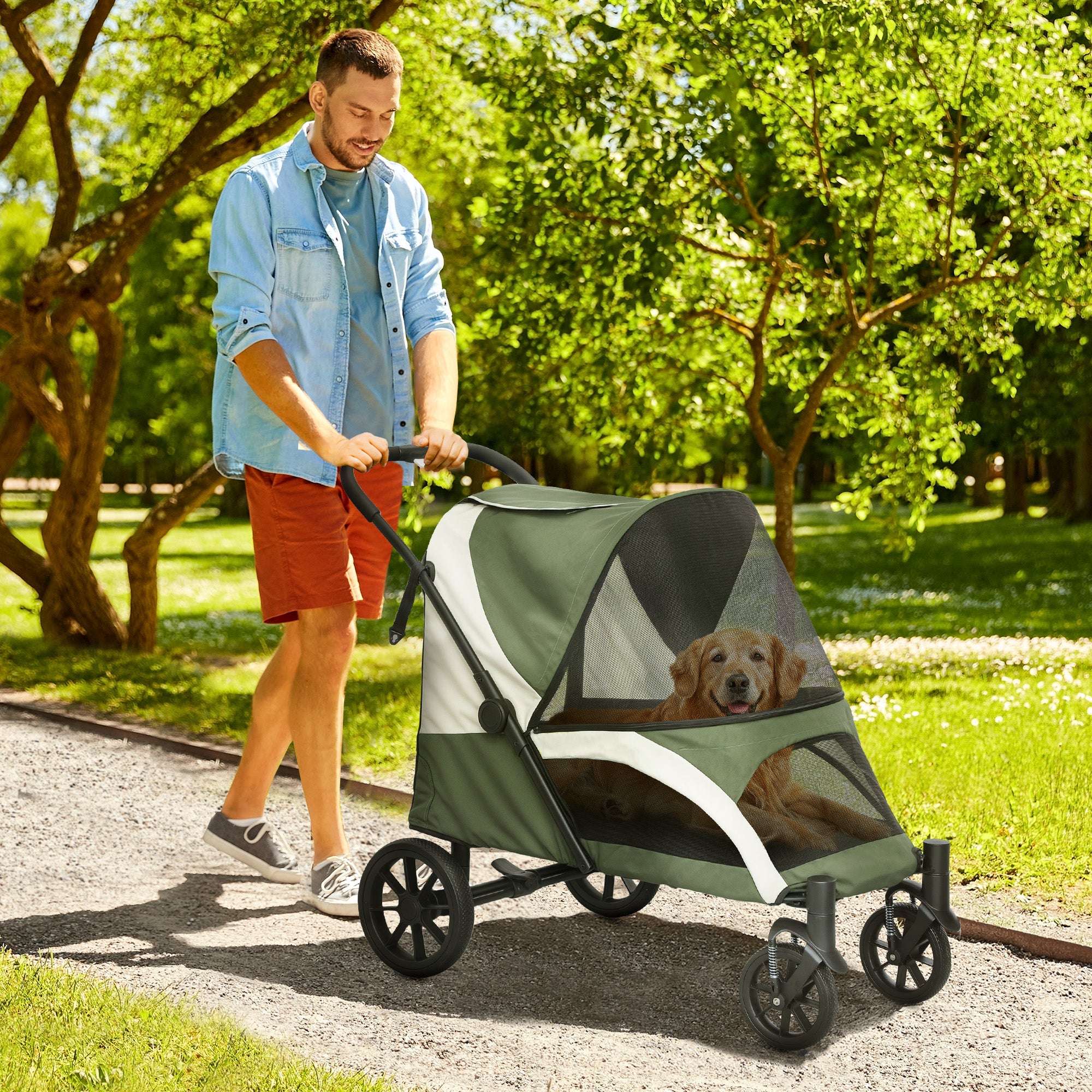 Dog Stroller Foldable Pet Stroller for Large Dogs & Cats Up to 30 kg Cat Stroller with Cushion Mesh Windows Doors Storage Bag Cat Cart with Safety Leashes, Brakes, Stroller Dark Green