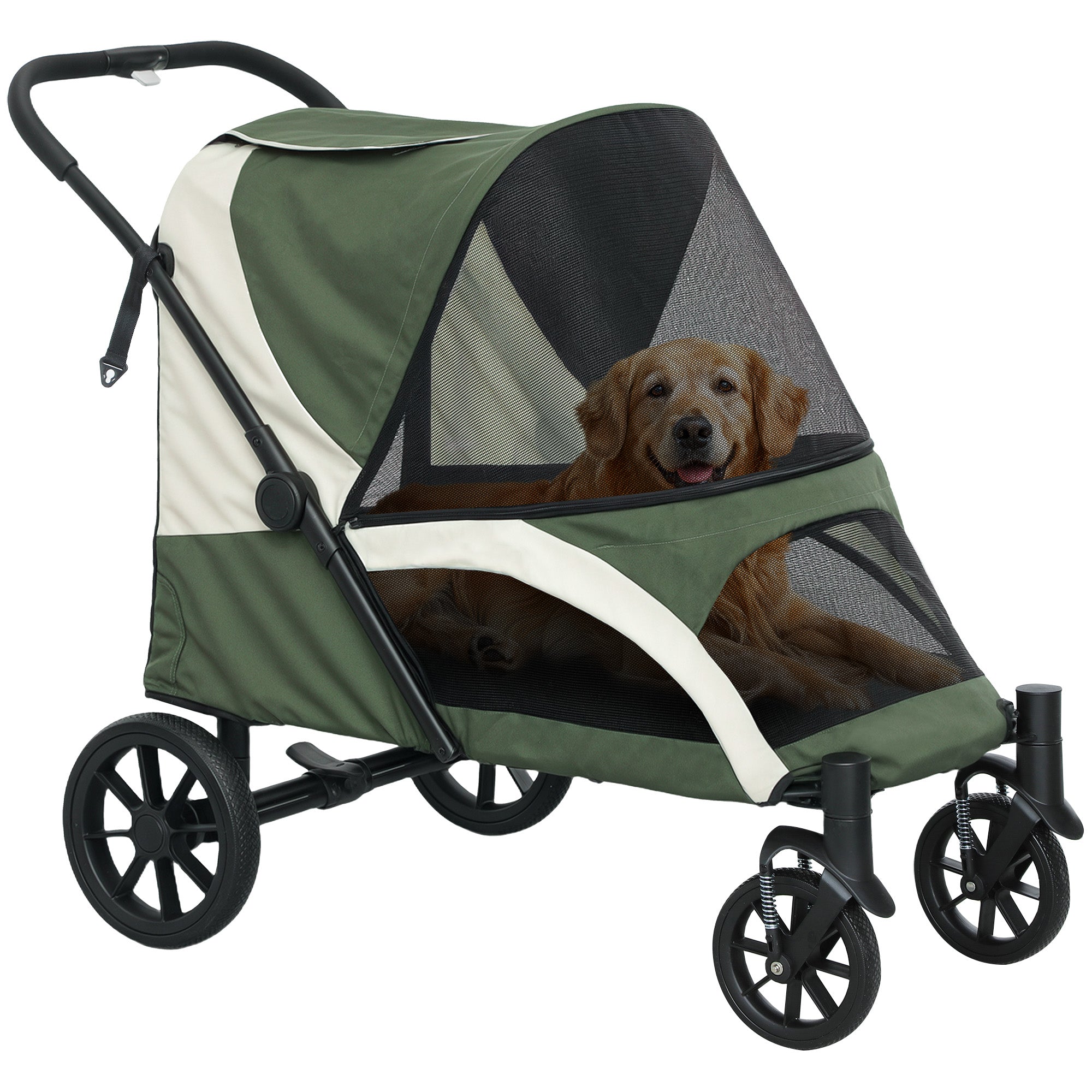 Dog Stroller Foldable Pet Stroller for Large Dogs & Cats Up to 30 kg Cat Stroller with Cushion Mesh Windows Doors Storage Bag Cat Cart with Safety Leashes, Brakes, Stroller Dark Green