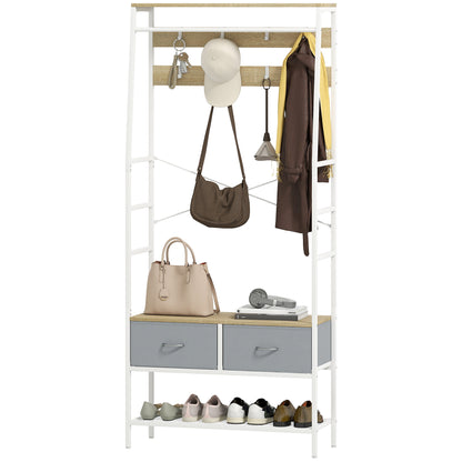 Coat Rack Shoe Rack Entryway Coat Rack with Shoe Rack 8 Hooks 2 Fabric Drawers Mesh Shelf Industrial Style for Hanging Clothes Hallway Bedroom Living Room 80x30x180.5 cm Natural