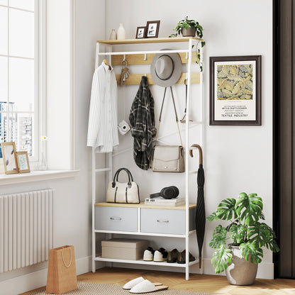 Coat Rack Shoe Rack Entryway Coat Rack with Shoe Rack 8 Hooks 2 Fabric Drawers Mesh Shelf Industrial Style for Hanging Clothes Hallway Bedroom Living Room 80x30x180.5 cm Natural