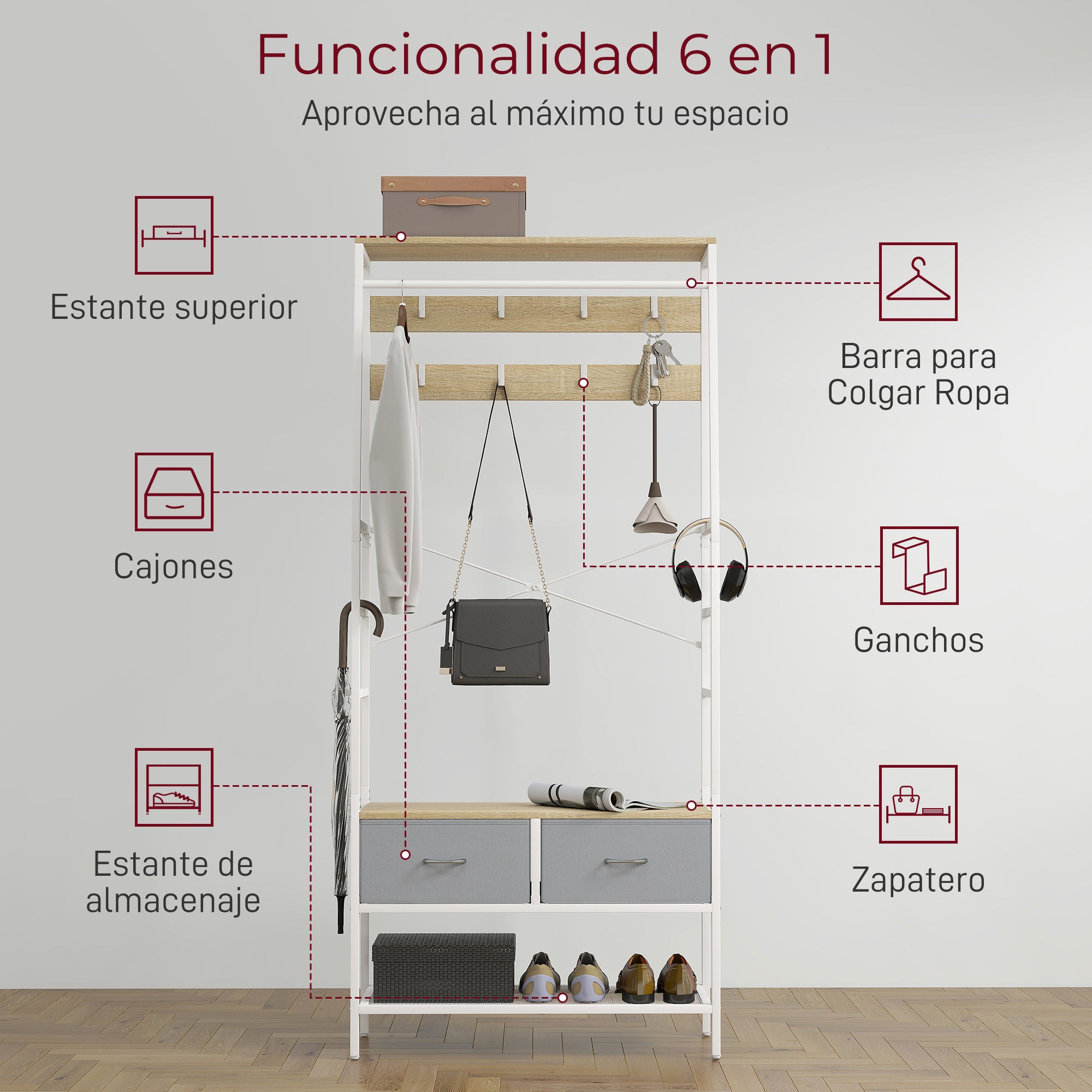 Coat Rack Shoe Rack Entryway Coat Rack with Shoe Rack 8 Hooks 2 Fabric Drawers Mesh Shelf Industrial Style for Hanging Clothes Hallway Bedroom Living Room 80x30x180.5 cm Natural