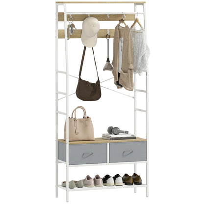 Coat Rack Shoe Rack Entryway Coat Rack with Shoe Rack 8 Hooks 2 Fabric Drawers Mesh Shelf Industrial Style for Hanging Clothes Hallway Bedroom Living Room 80x30x180.5 cm Natural