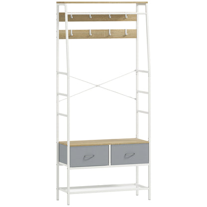 Coat Rack Shoe Rack Entryway Coat Rack with Shoe Rack 8 Hooks 2 Fabric Drawers Mesh Shelf Industrial Style for Hanging Clothes Hallway Bedroom Living Room 80x30x180.5 cm Natural