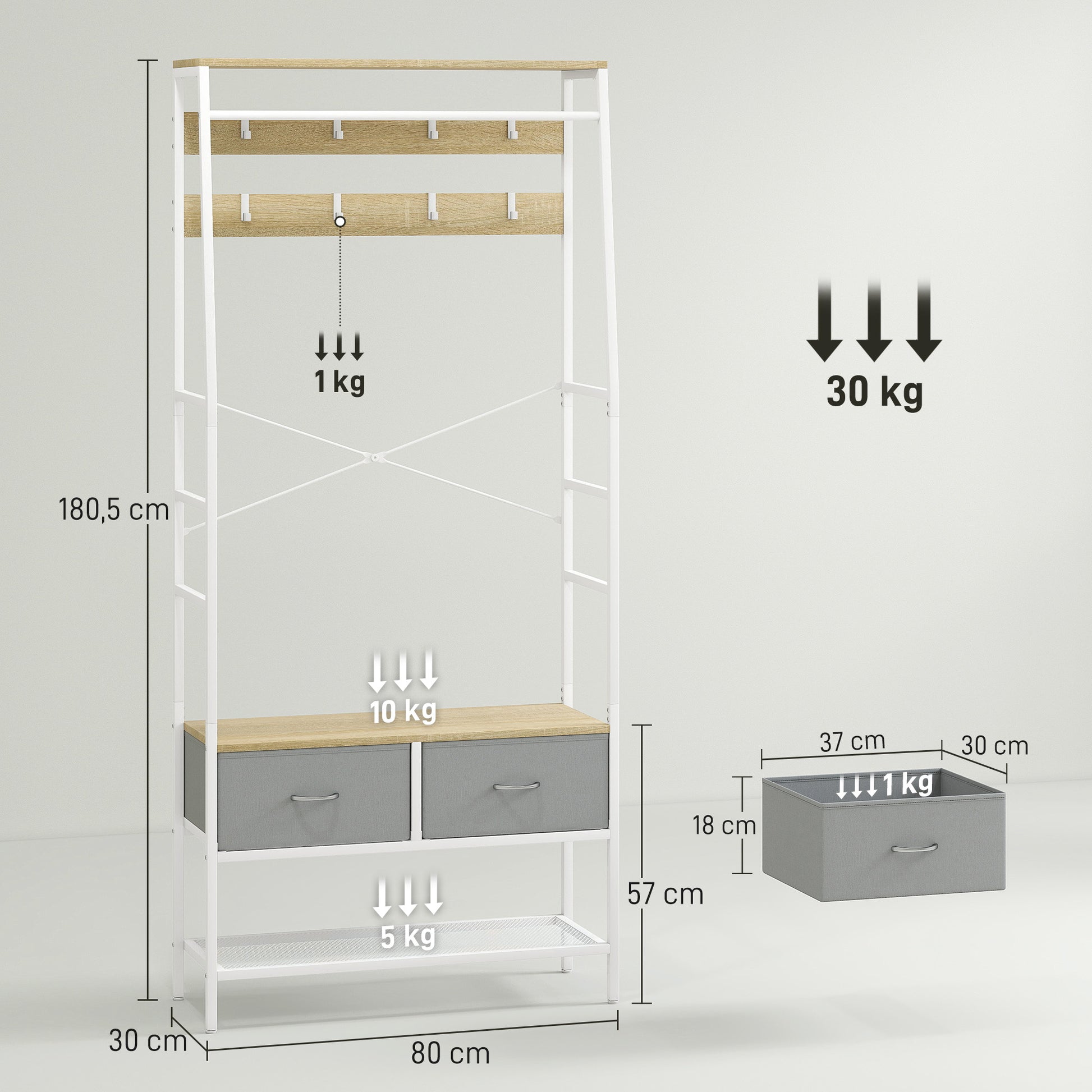 Coat Rack Shoe Rack Entryway Coat Rack with Shoe Rack 8 Hooks 2 Fabric Drawers Mesh Shelf Industrial Style for Hanging Clothes Hallway Bedroom Living Room 80x30x180.5 cm Natural