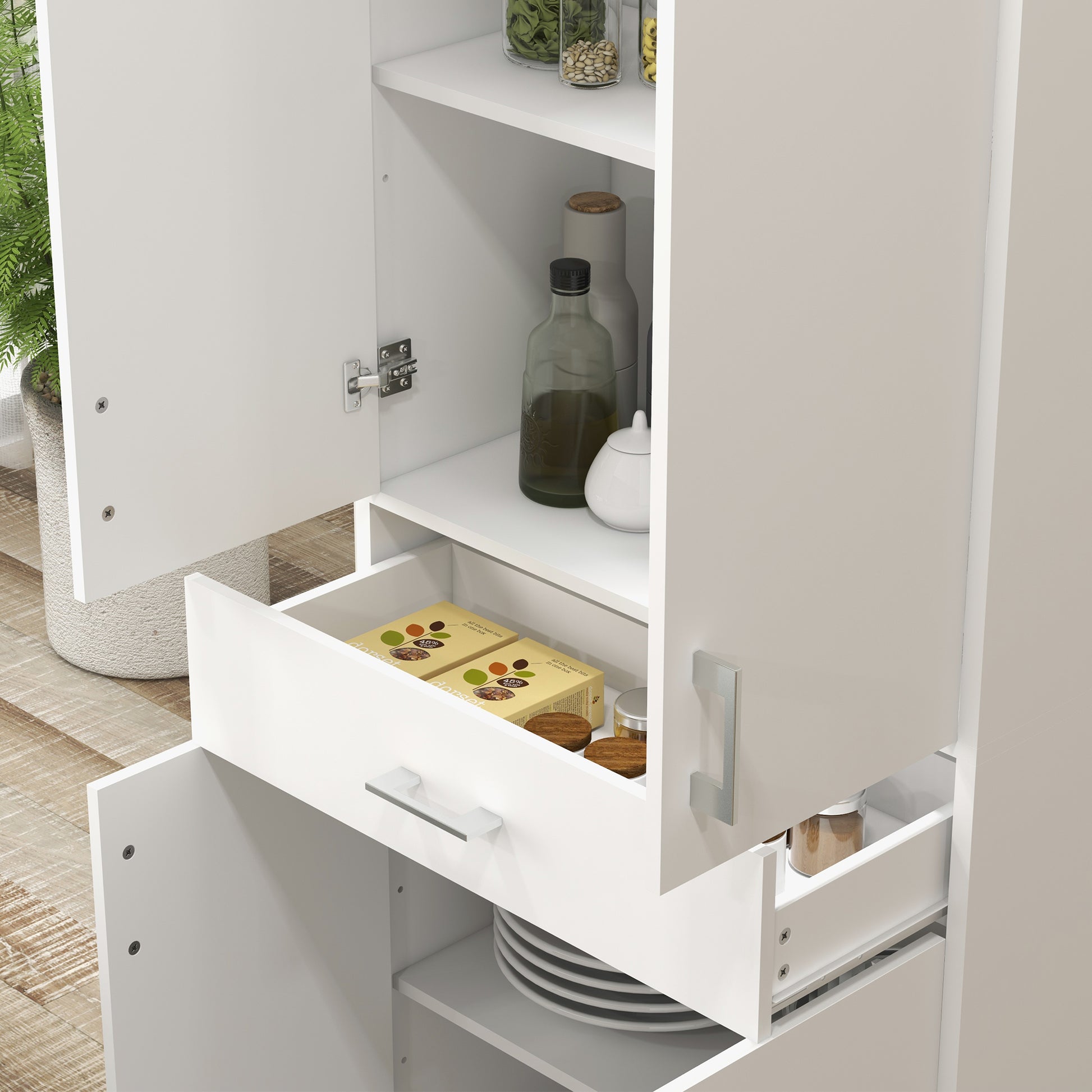Kitchen Pantry with 4 Doors 1 Drawer and Adjustable Shelves Anti-topple Modern Kitchen Cabinet for Dining Room Living Room 70.8x34x180 cm White and Silver