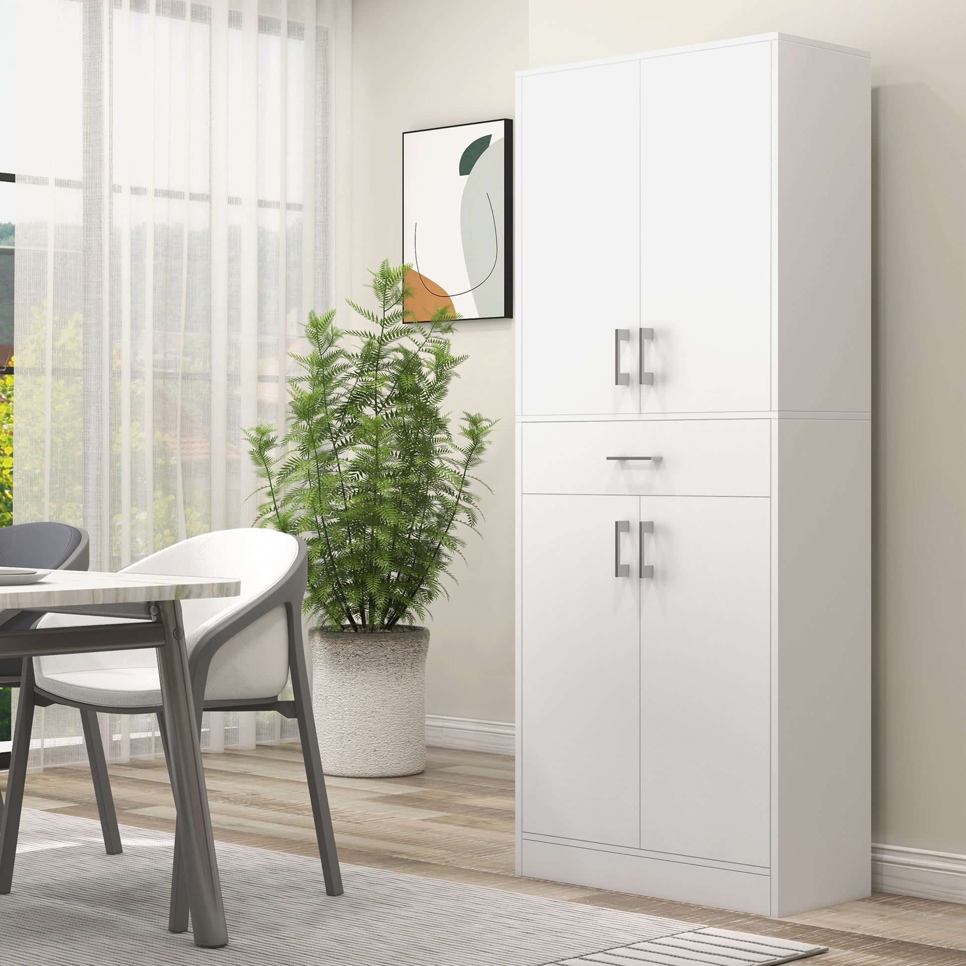 Kitchen Pantry with 4 Doors 1 Drawer and Adjustable Shelves Anti-topple Modern Kitchen Cabinet for Dining Room Living Room 70.8x34x180 cm White and Silver