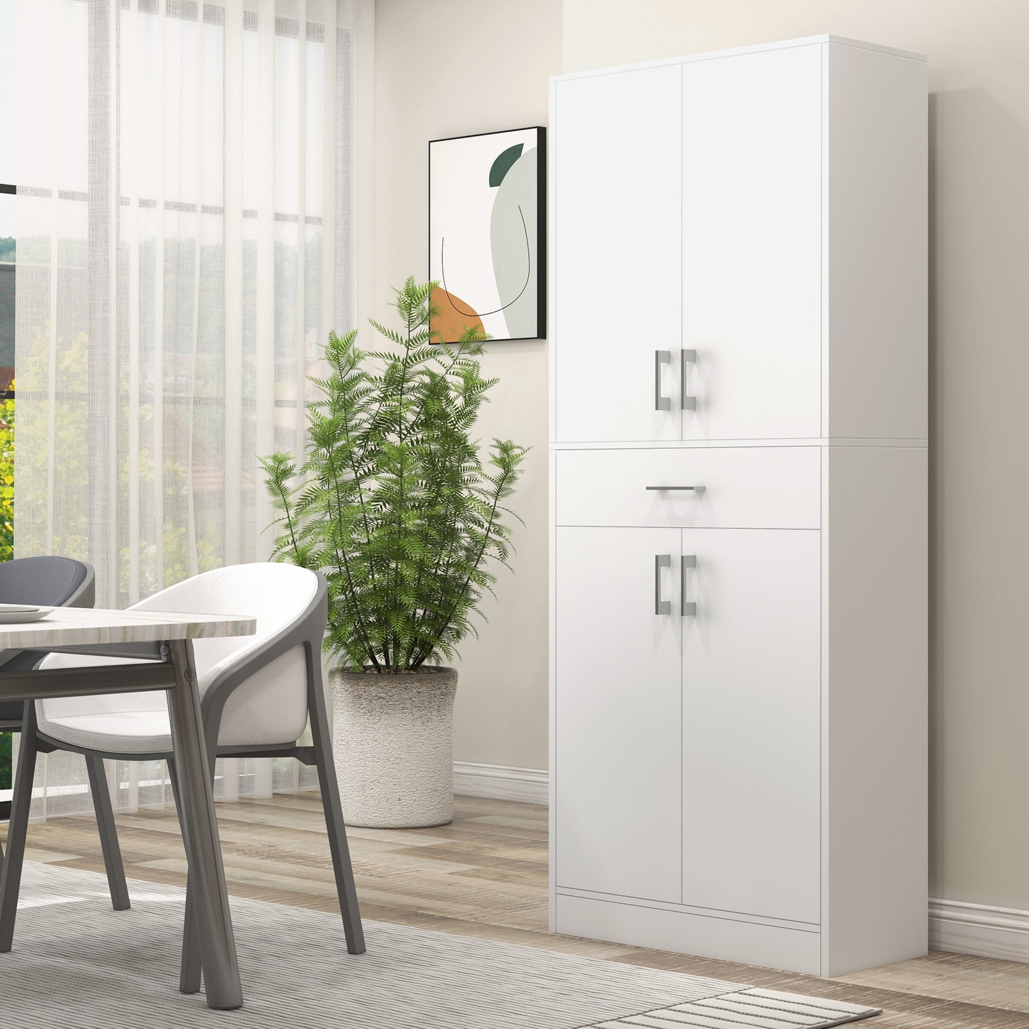 Kitchen Pantry with 4 Doors 1 Drawer and Adjustable Shelves Anti-topple Modern Kitchen Cabinet for Dining Room Living Room 70.8x34x180 cm White and Silver