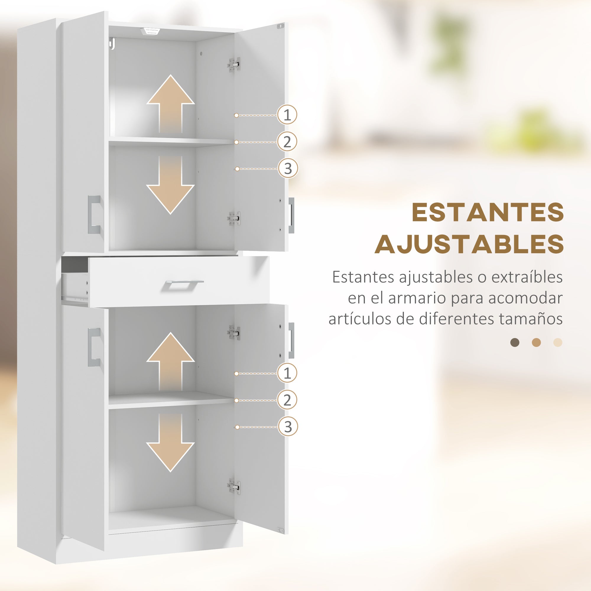 Kitchen Pantry with 4 Doors 1 Drawer and Adjustable Shelves Anti-topple Modern Kitchen Cabinet for Dining Room Living Room 70.8x34x180 cm White and Silver