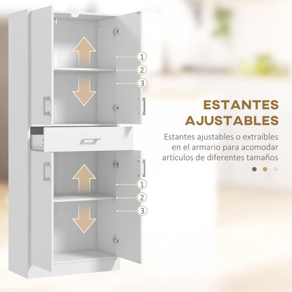 Kitchen Pantry with 4 Doors 1 Drawer and Adjustable Shelves Anti-topple Modern Kitchen Cabinet for Dining Room Living Room 70.8x34x180 cm White and Silver