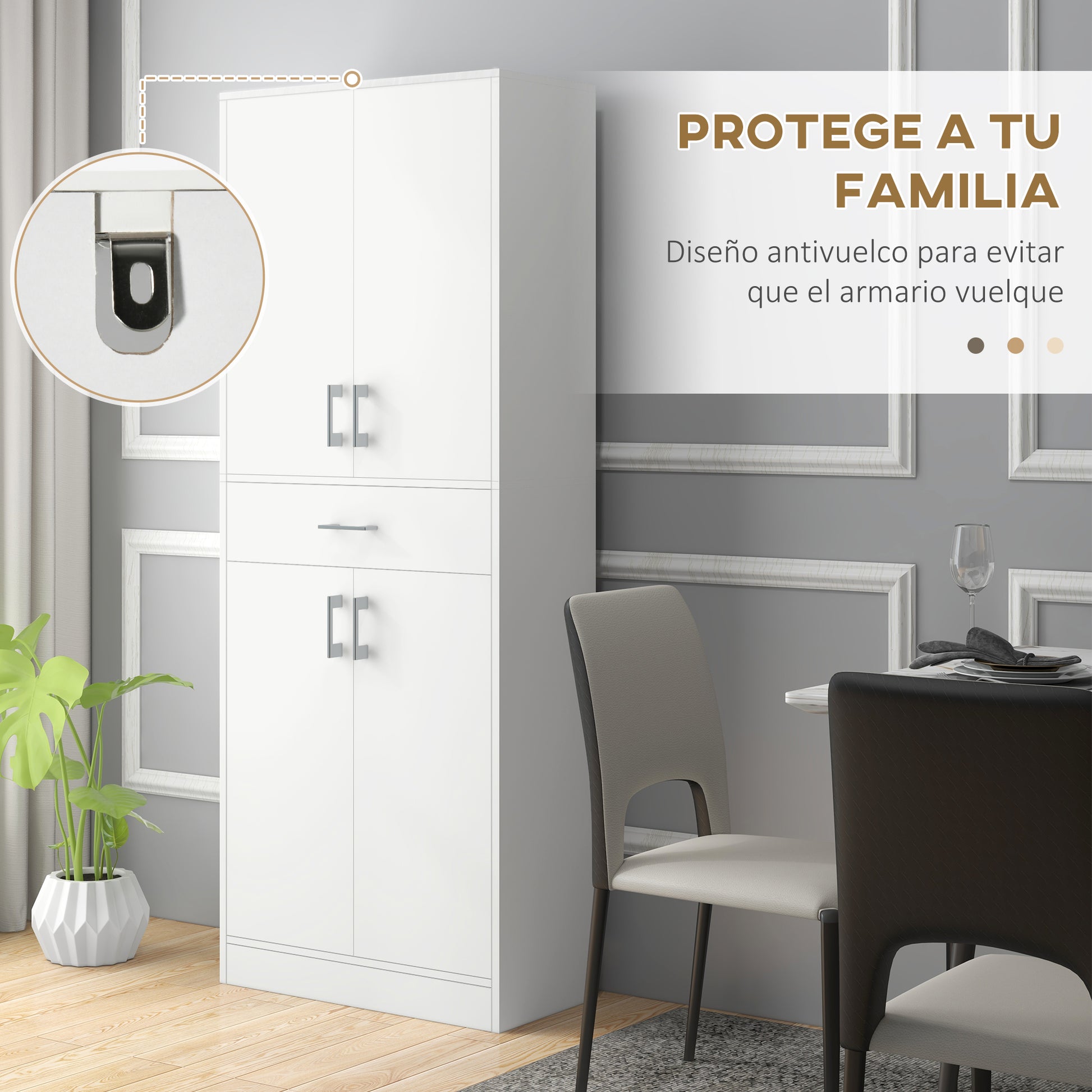 Kitchen Pantry with 4 Doors 1 Drawer and Adjustable Shelves Anti-topple Modern Kitchen Cabinet for Dining Room Living Room 70.8x34x180 cm White and Silver