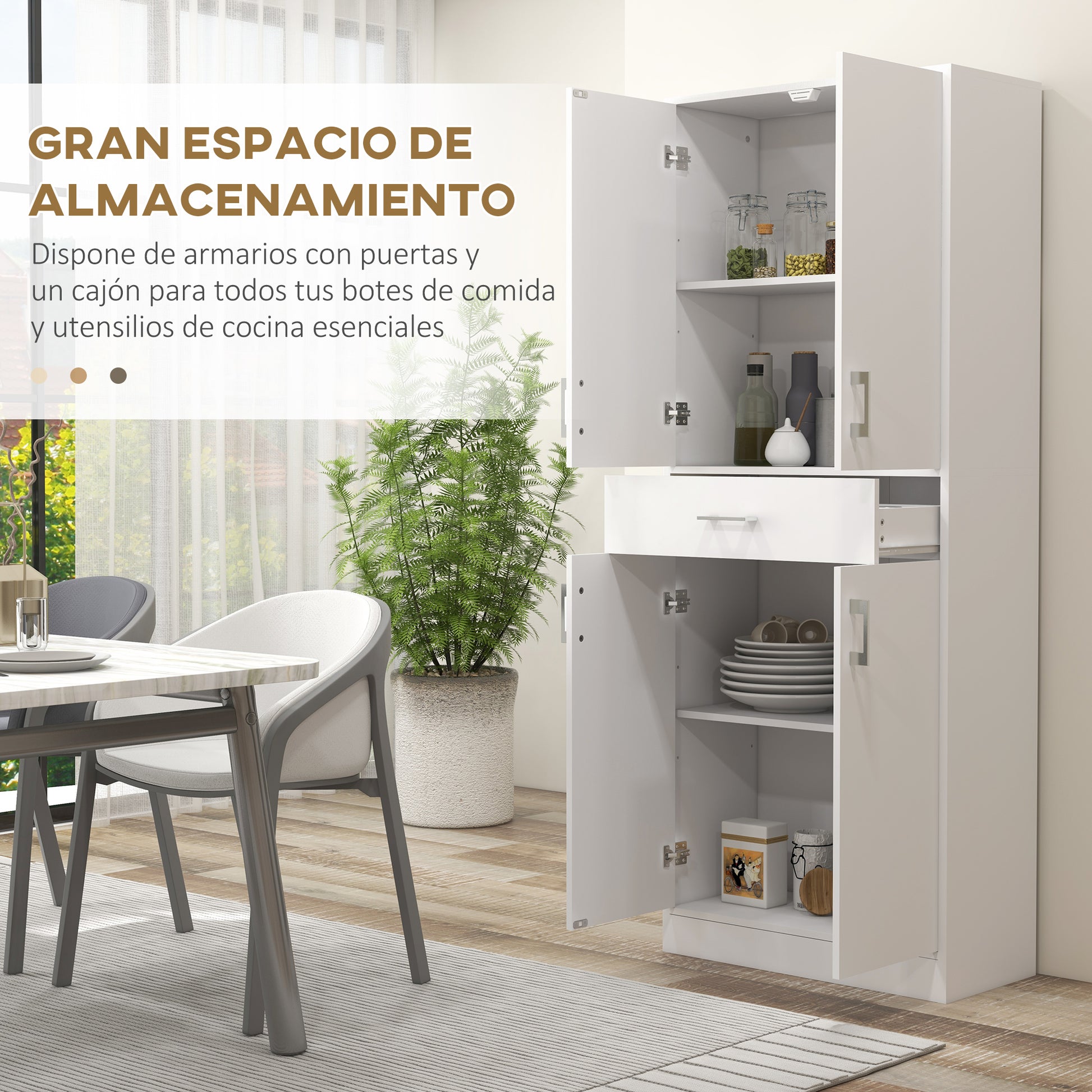 Kitchen Pantry with 4 Doors 1 Drawer and Adjustable Shelves Anti-topple Modern Kitchen Cabinet for Dining Room Living Room 70.8x34x180 cm White and Silver