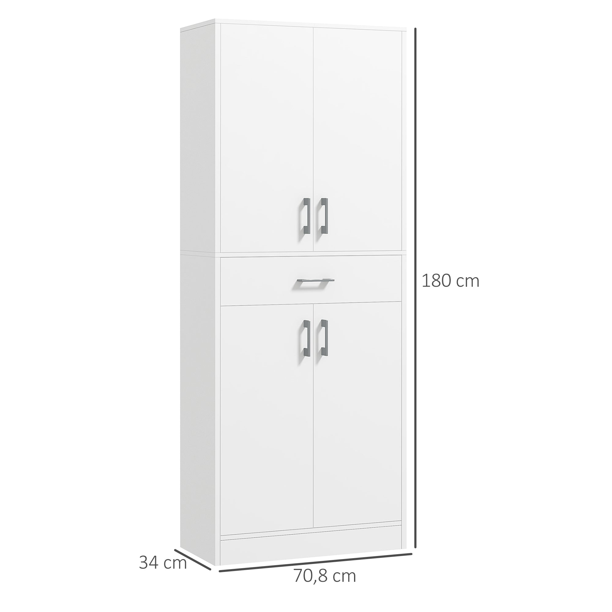 Kitchen Pantry with 4 Doors 1 Drawer and Adjustable Shelves Anti-topple Modern Kitchen Cabinet for Dining Room Living Room 70.8x34x180 cm White and Silver