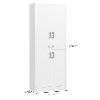 Kitchen Pantry with 4 Doors 1 Drawer and Adjustable Shelves Anti-topple Modern Kitchen Cabinet for Dining Room Living Room 70.8x34x180 cm White and Silver