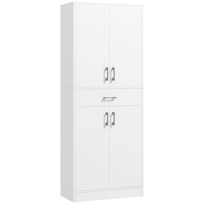 Kitchen Pantry with 4 Doors 1 Drawer and Adjustable Shelves Anti-topple Modern Kitchen Cabinet for Dining Room Living Room 70.8x34x180 cm White and Silver