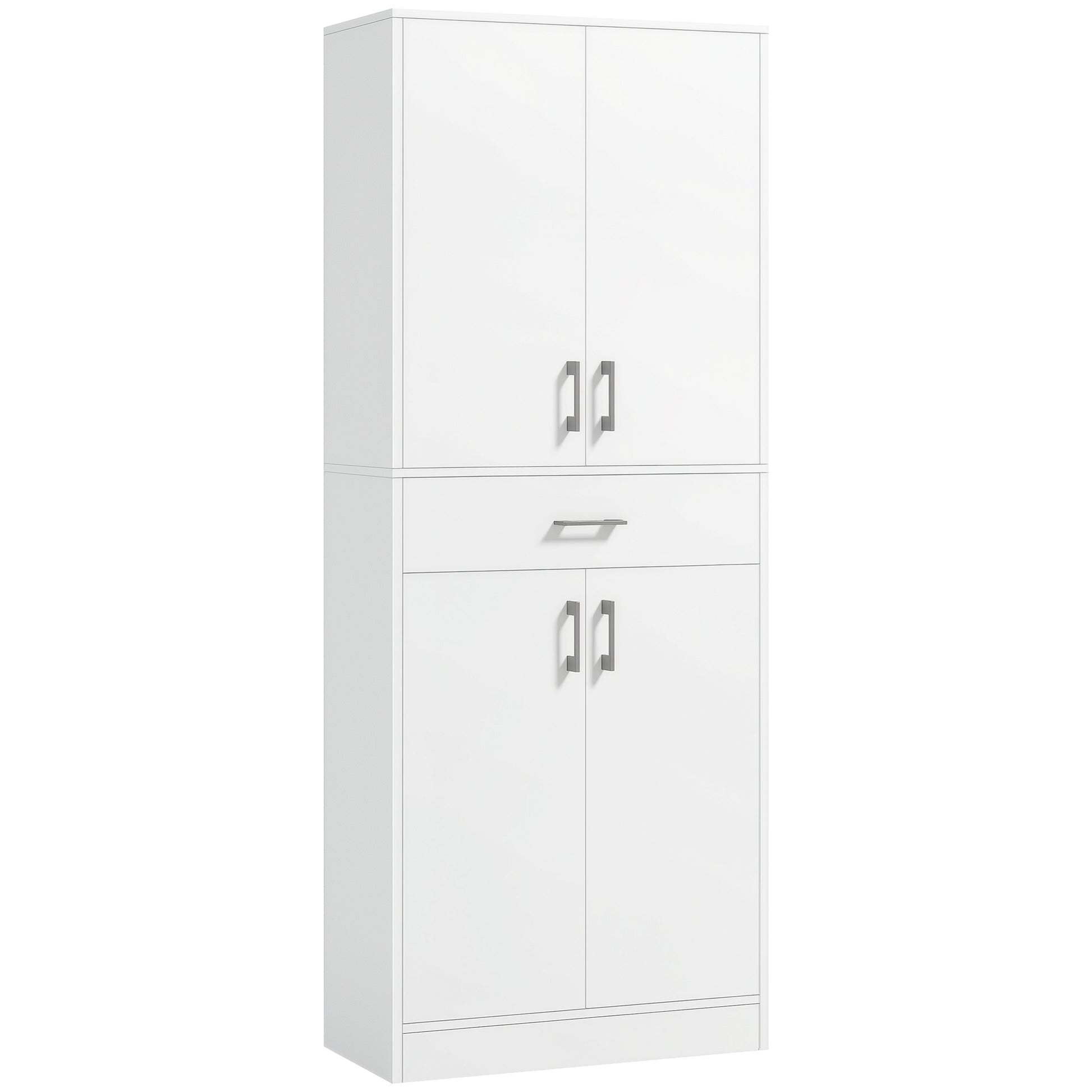 Kitchen Pantry with 4 Doors 1 Drawer and Adjustable Shelves Anti-topple Modern Kitchen Cabinet for Dining Room Living Room 70.8x34x180 cm White and Silver