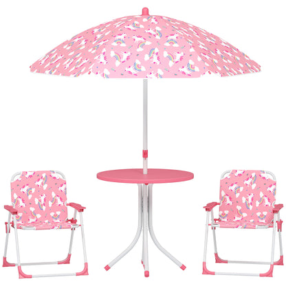 4-Piece Kids Garden Table & Chairs Set — Folding Chairs, Removable Umbrella, Unicorn & Rainbow, Pink