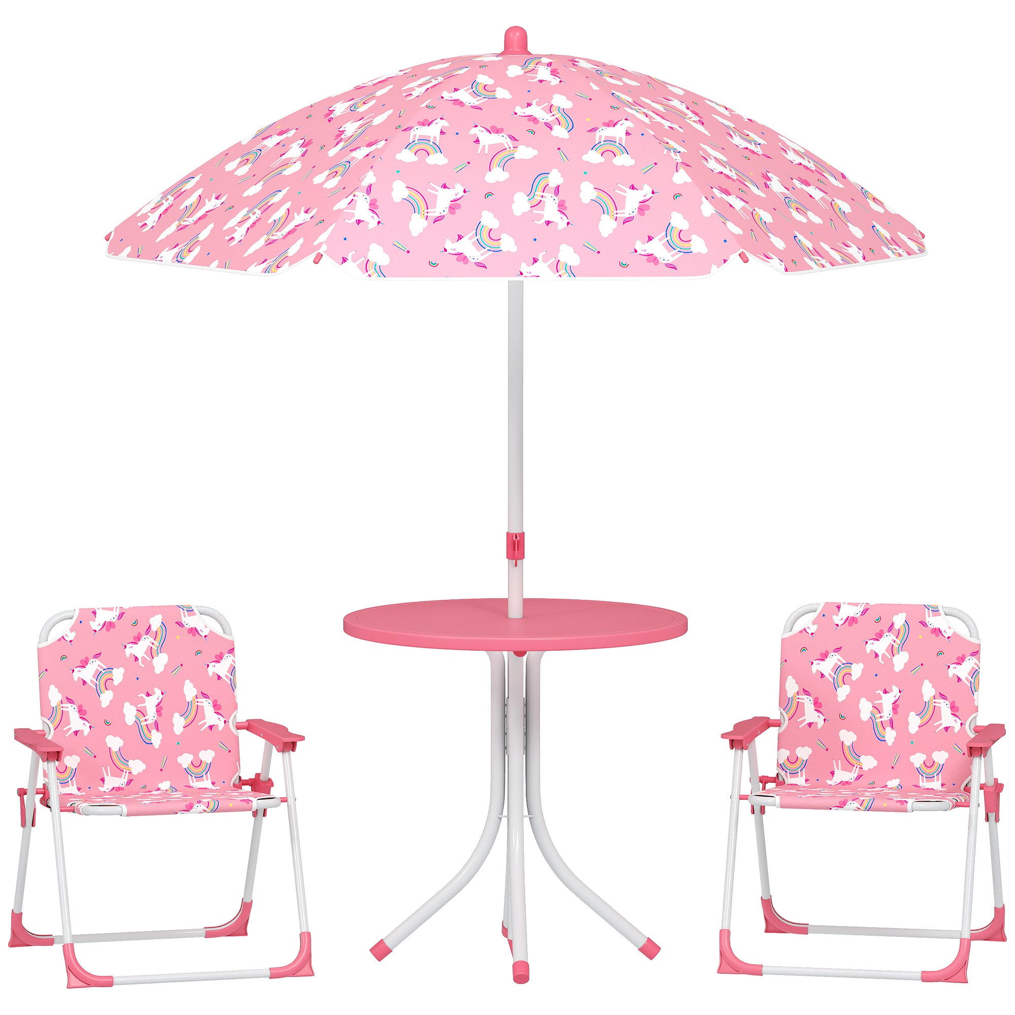 4-Piece Kids Garden Table & Chairs Set — Folding Chairs, Removable Umbrella, Unicorn & Rainbow, Pink