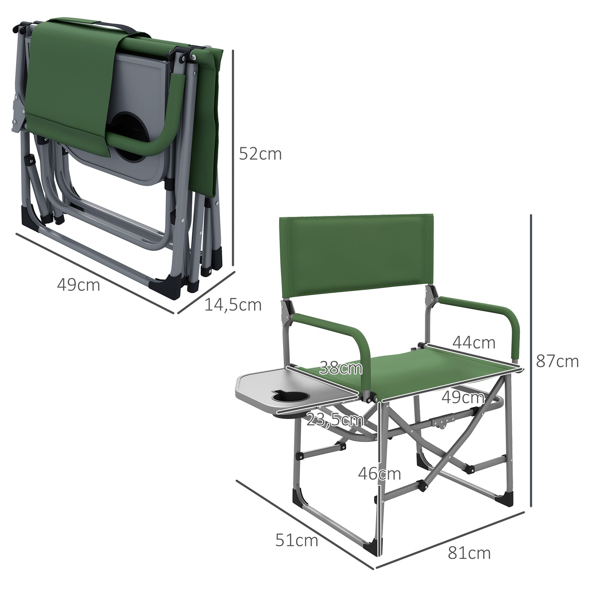 Folding Camping Chair with Side Table, Cup Holder, Folding Chair with Handle, for Camping, Beach, in Oxford, Green
