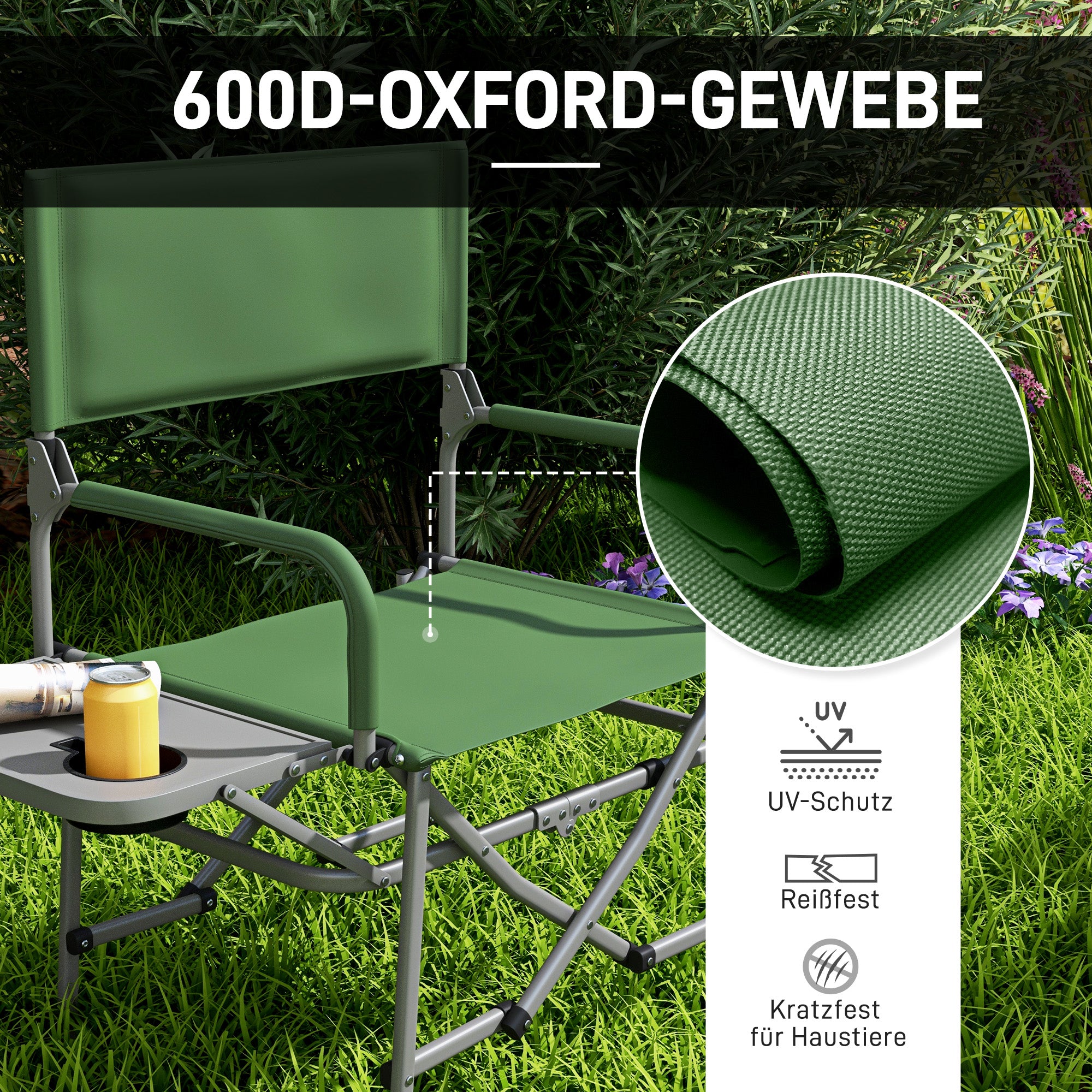 Folding Camping Chair with Side Table, Cup Holder, Folding Chair with Handle, for Camping, Beach, in Oxford, Green