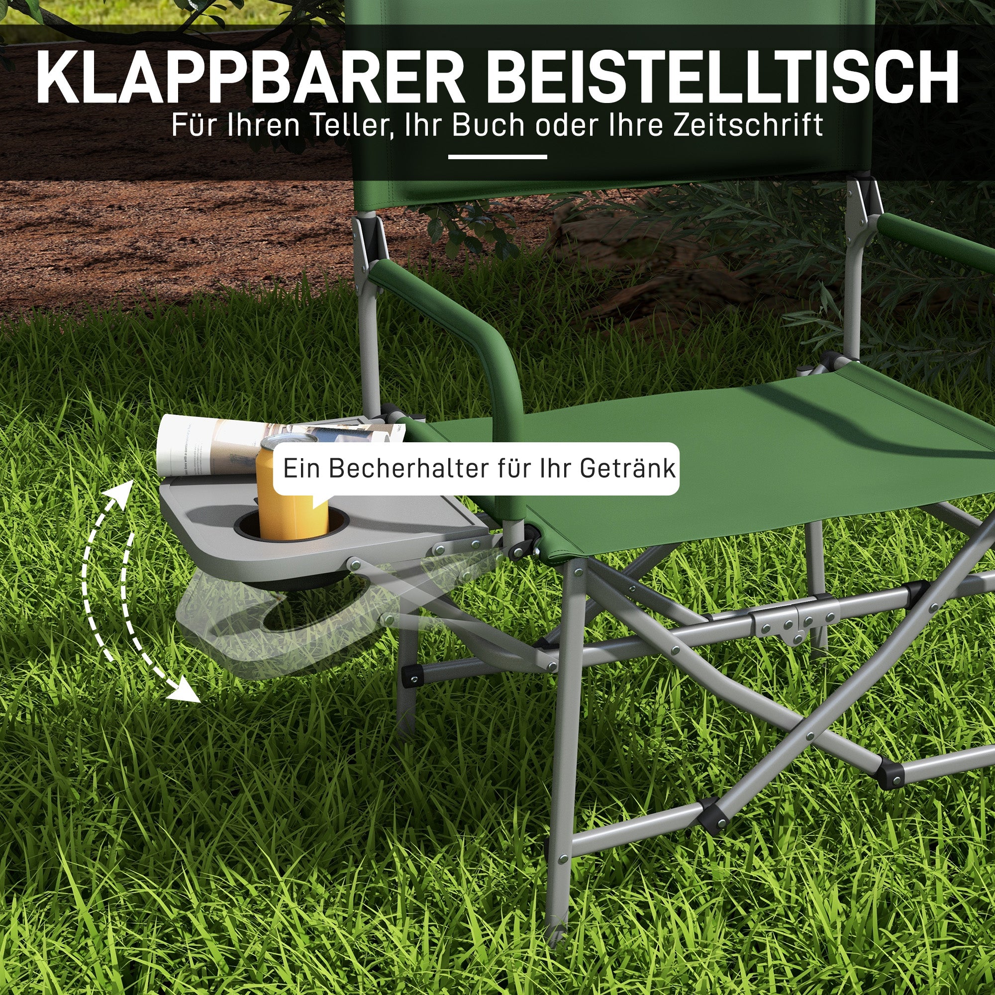 Folding Camping Chair with Side Table, Cup Holder, Folding Chair with Handle, for Camping, Beach, in Oxford, Green