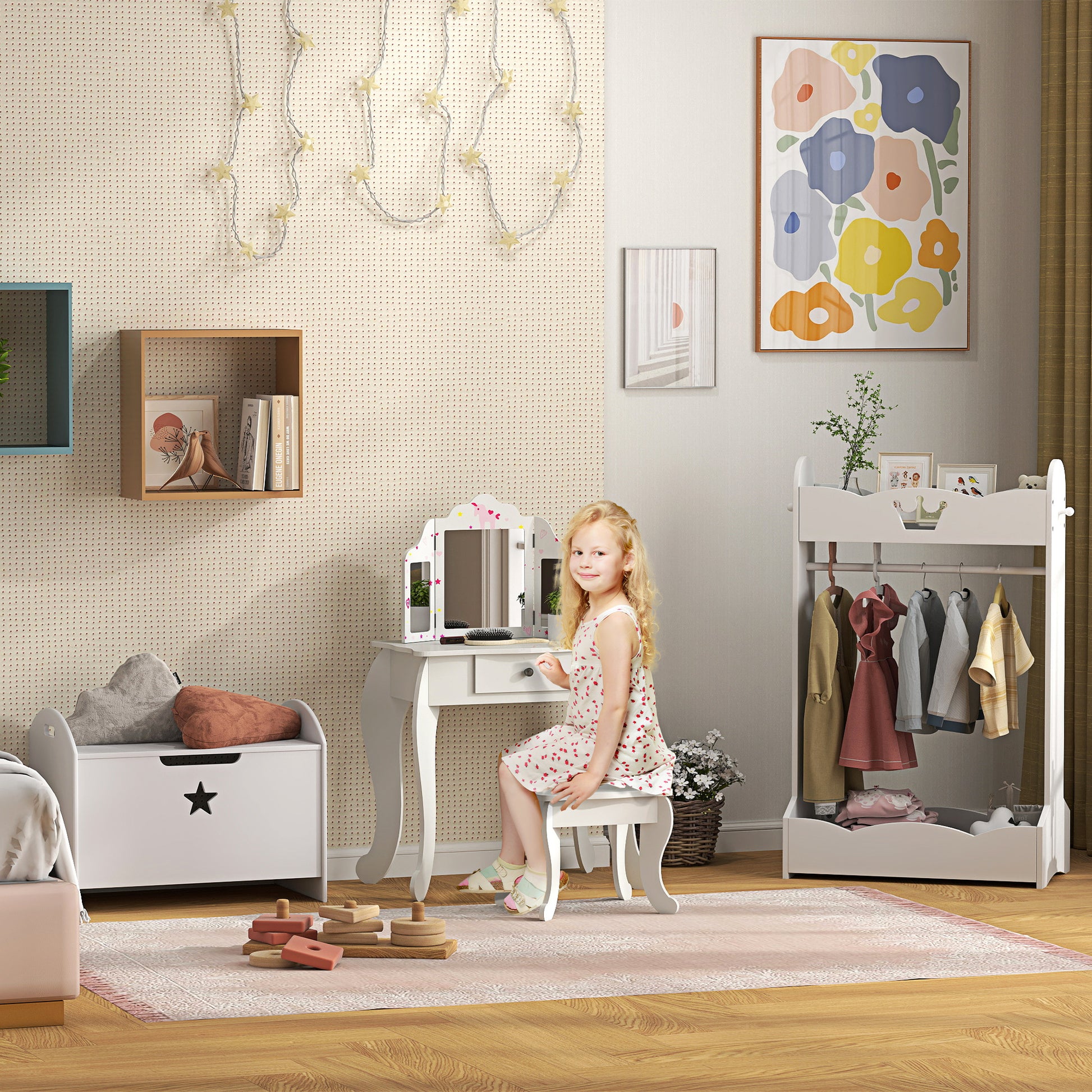 Kids Coat Rack with Shelves and Side Hooks, Wooden Furniture for Children's Room, 70.5x37x103cm, White
