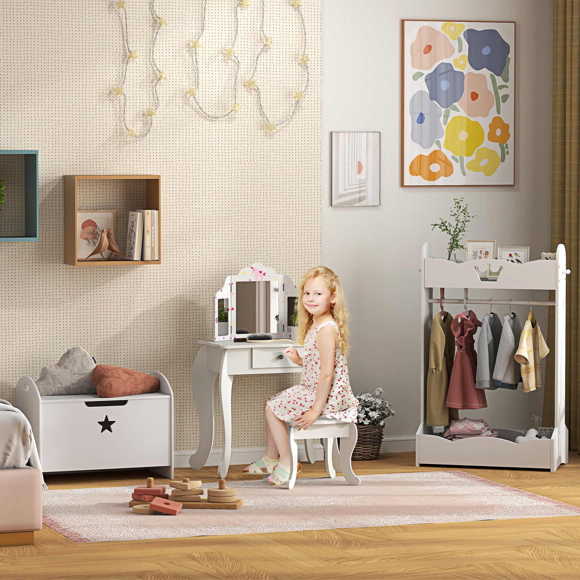 Kids Coat Rack with Shelves and Side Hooks, Wooden Furniture for Children's Room, 70.5x37x103cm, White