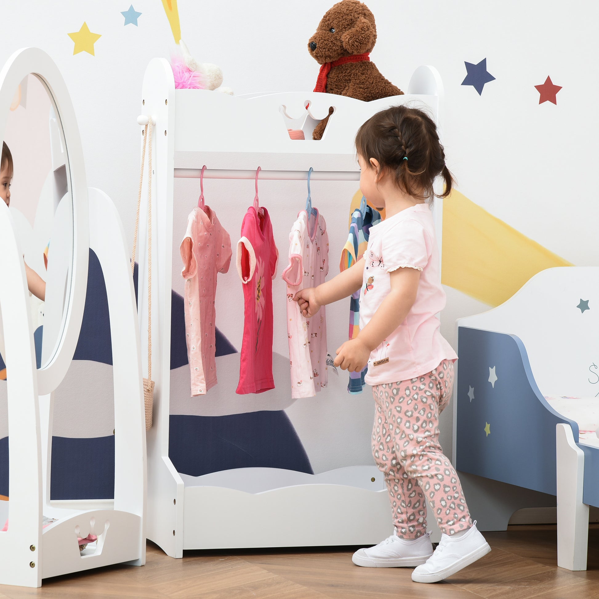 Kids Coat Rack with Shelves and Side Hooks, Wooden Furniture for Children's Room, 70.5x37x103cm, White