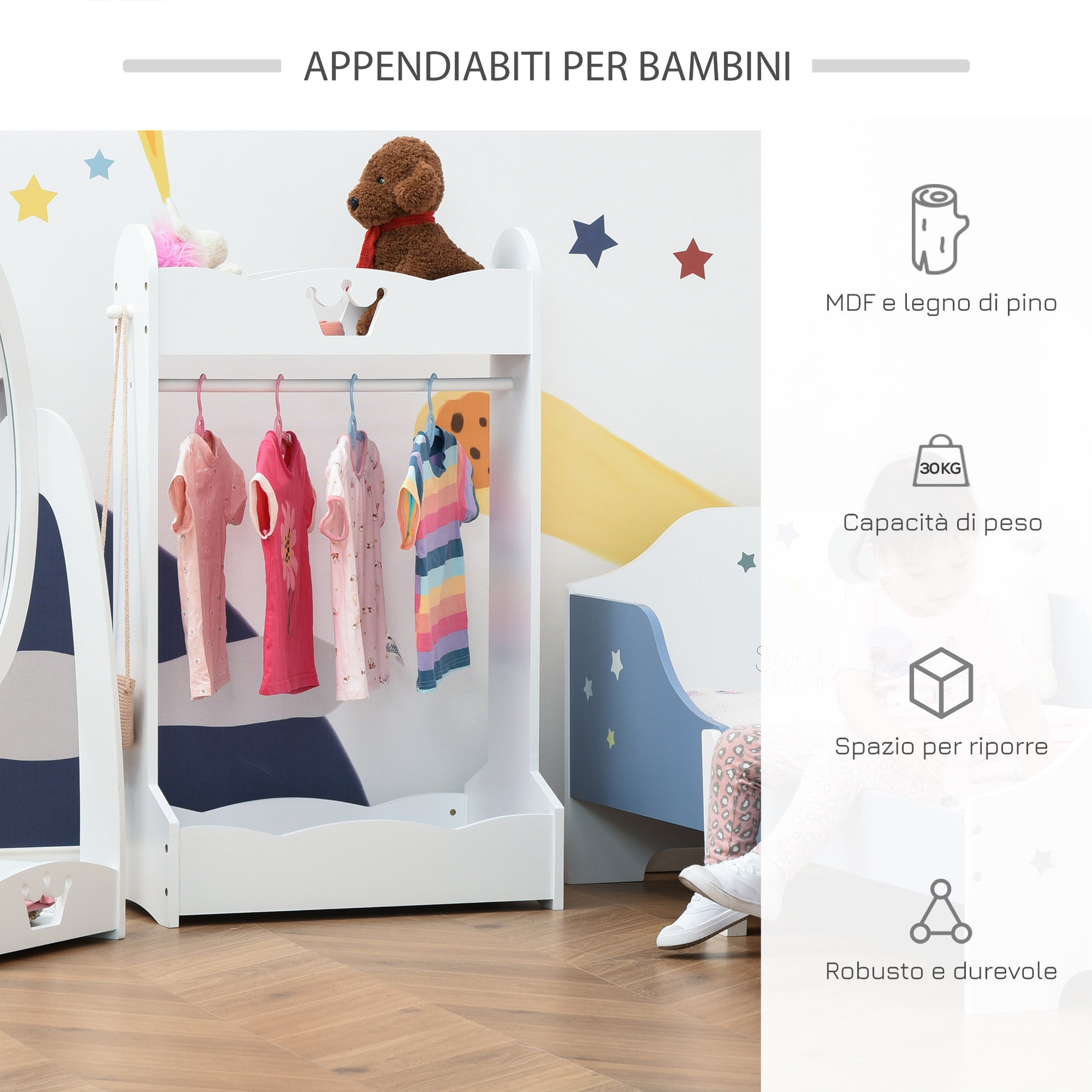 Kids Coat Rack with Shelves and Side Hooks, Wooden Furniture for Children's Room, 70.5x37x103cm, White