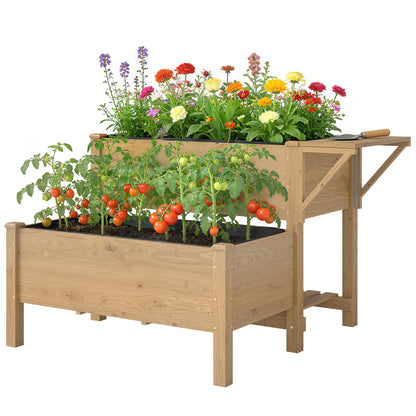 2-Tier Elevated Planter with Fabric Liner, Drainage Holes & Side Shelf, Pine Raised Garden Bed for Garden & Balcony — 119.5 x 102 x 76.5 cm (47.0 x 40.2 x 30.1 in) — Light Brown